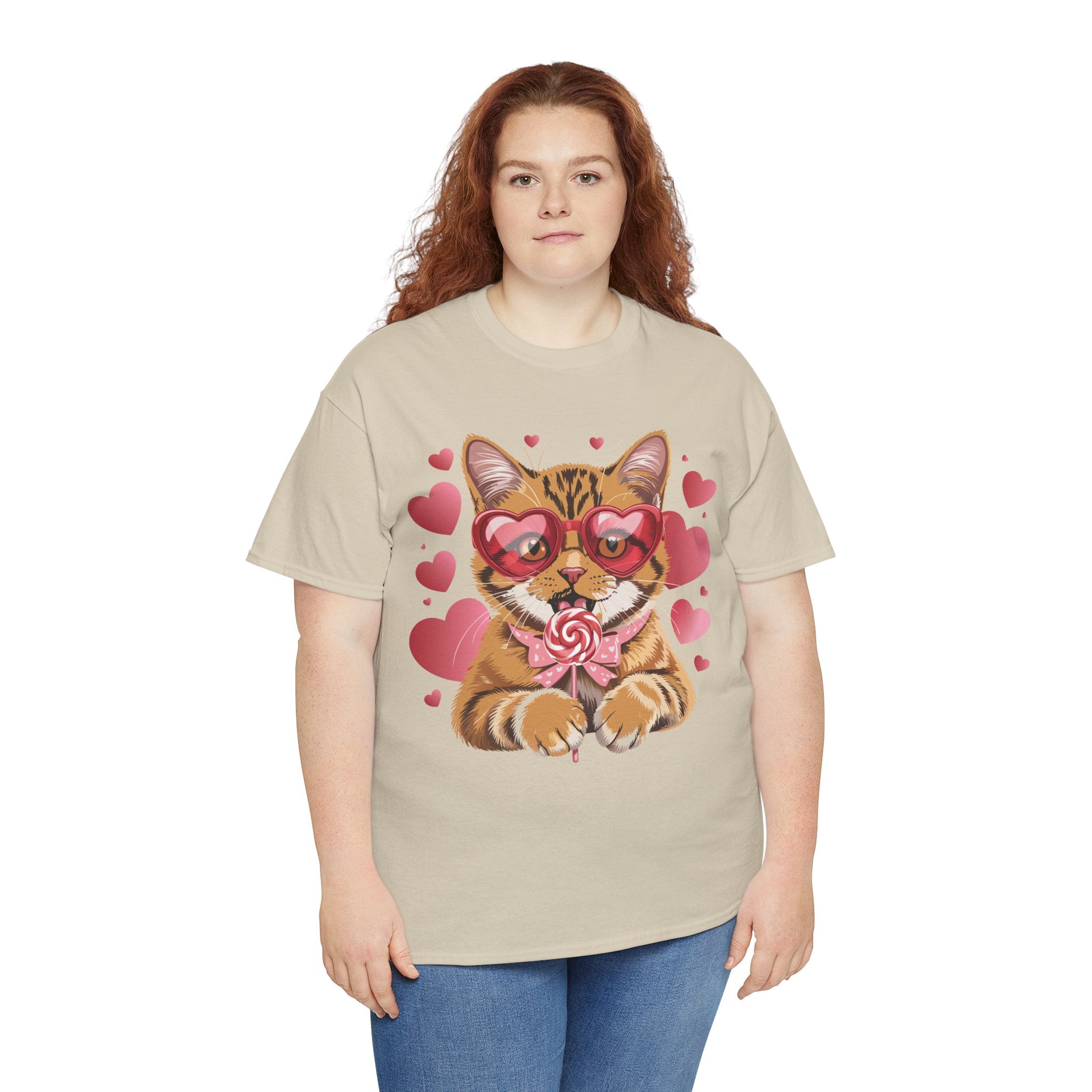 Valentine Cat Tee — Heart Glasses, Lollipop Bow Unisex Cotton Tee