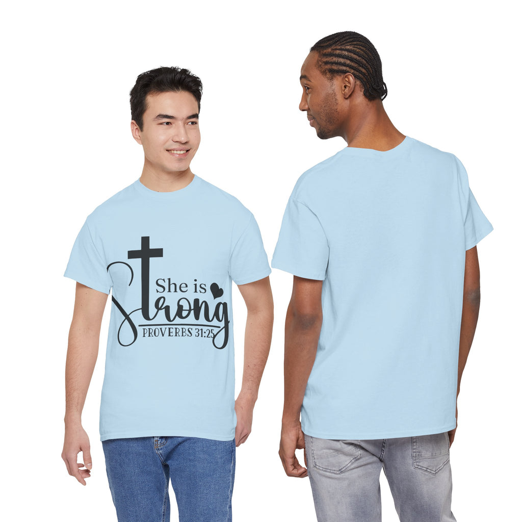Proverbs 31:25 'She is Strong' T-Shirt – Christian Cross & Heart Unisex Cotton Tee