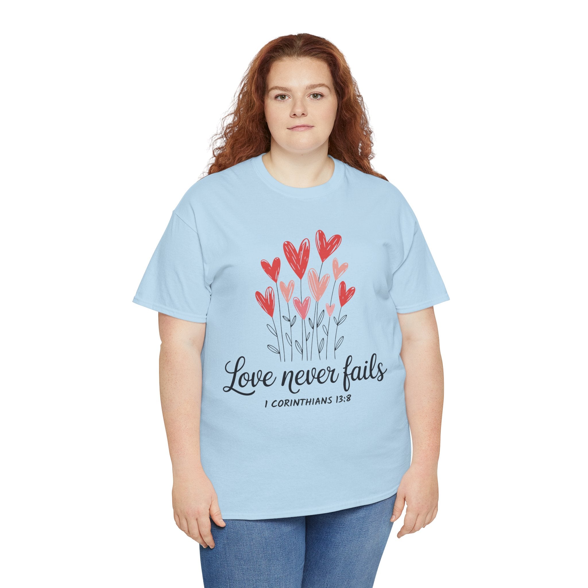 Christian Valentine T-Shirt — "Love Never Fails" (1 Corinthians 13:8) Unisex Cotton Tee
