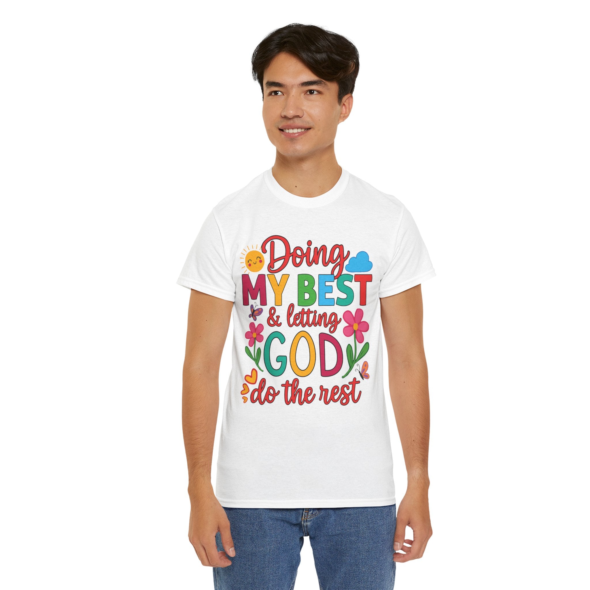 Doing My Best & Letting God Do The Rest T-Shirt — Floral Sun & Butterflies Inspirational Unisex Cotton Tee