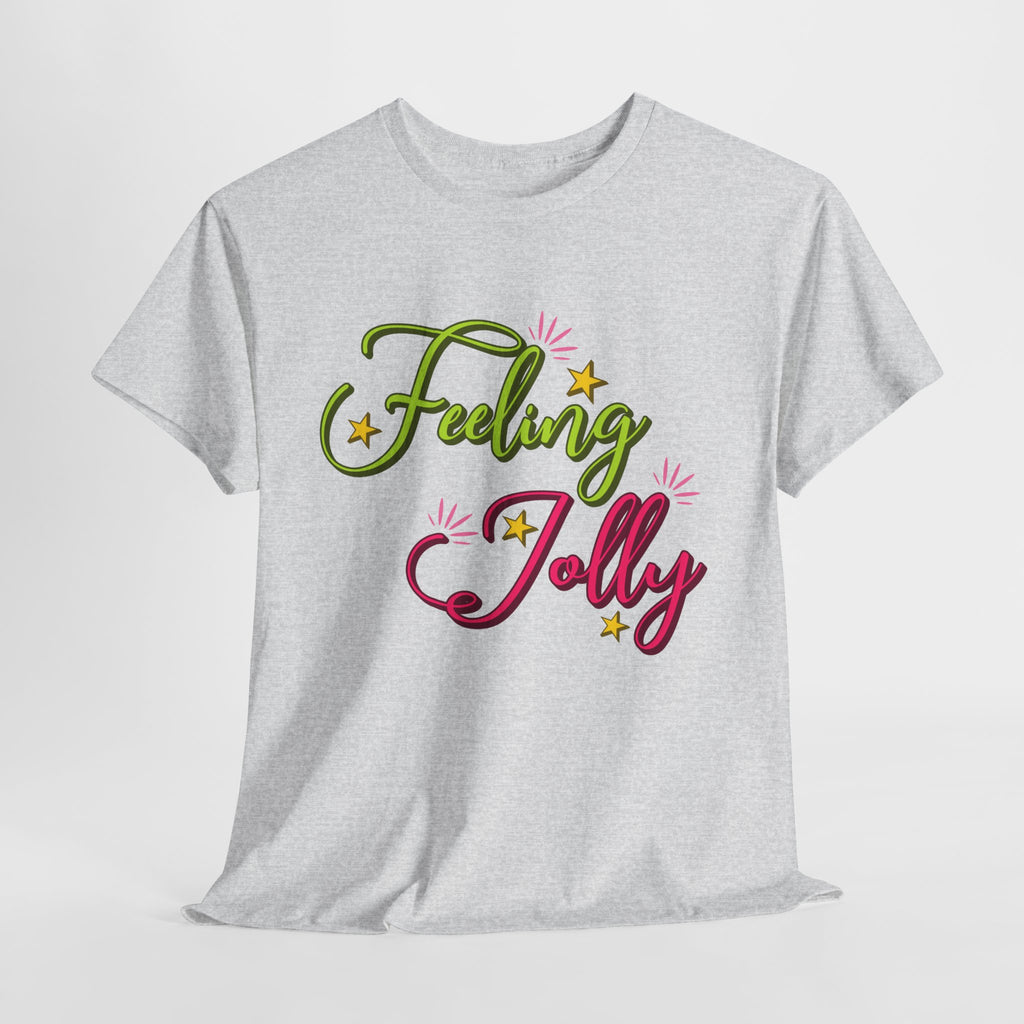 Feeling Jolly Tee — Festive Green & Pink Script with Yellow Stars Unisex Cotton Tee