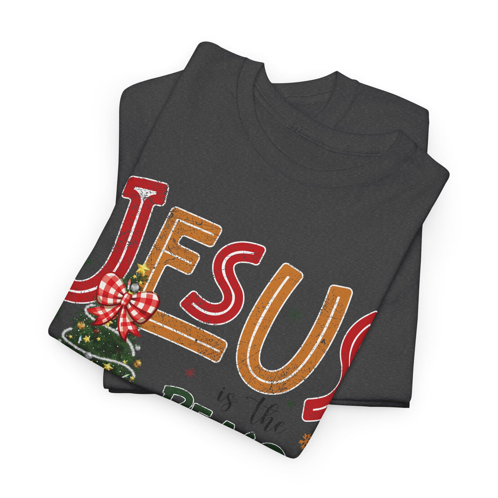 Jesus Is the Reason for the Season Christmas T-Shirt — Plaid Bow Tree..Unisex Cotton Tee