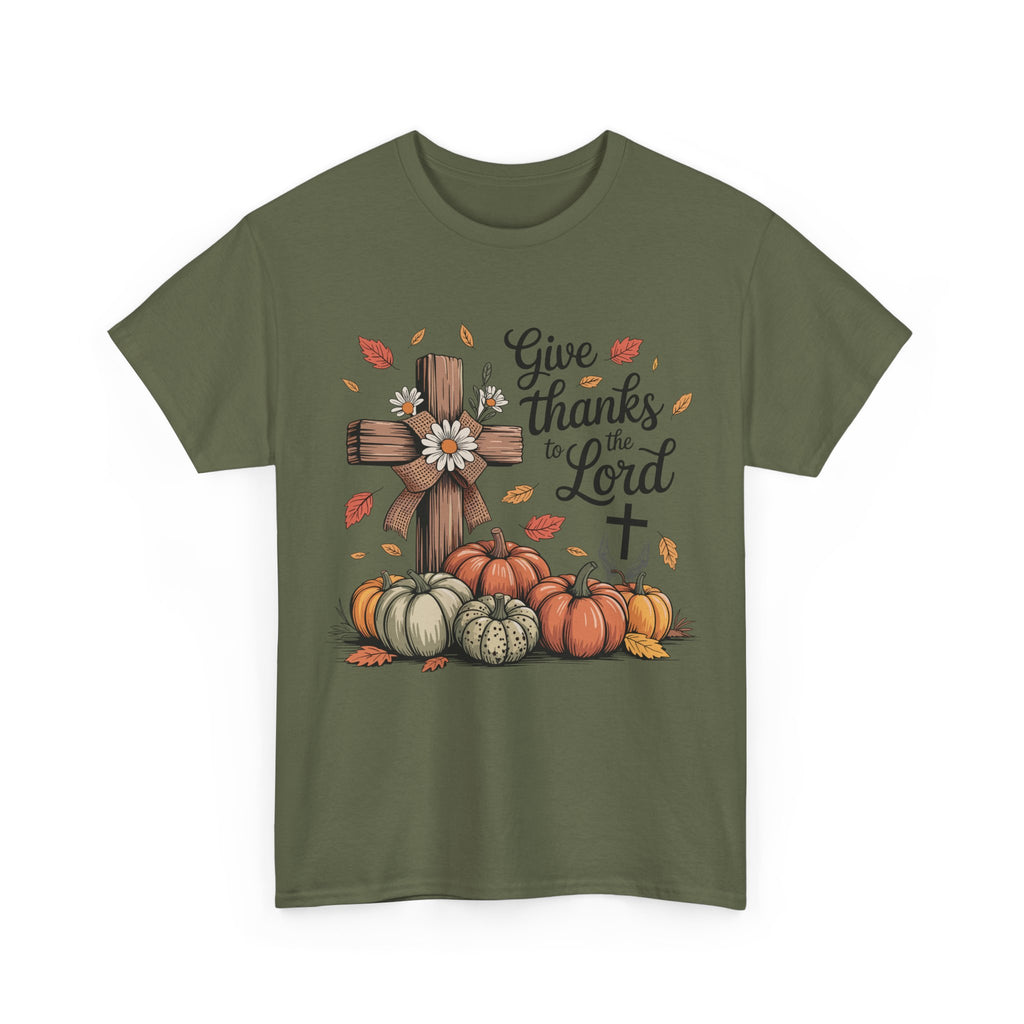 Give Thanks to the Lord Autumn Tee — Wooden Cross, Pumpkins & Daisies..Unisex Cotton Tee