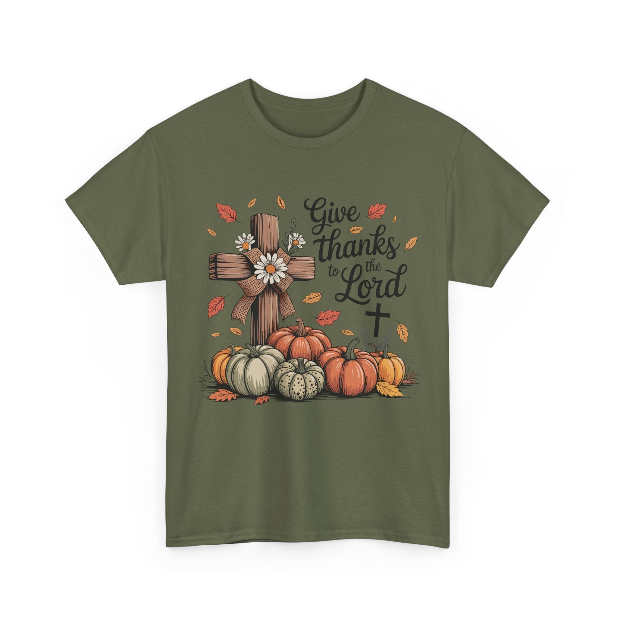 Give Thanks to the Lord Autumn Tee — Wooden Cross, Pumpkins & Daisies..Unisex Cotton Tee