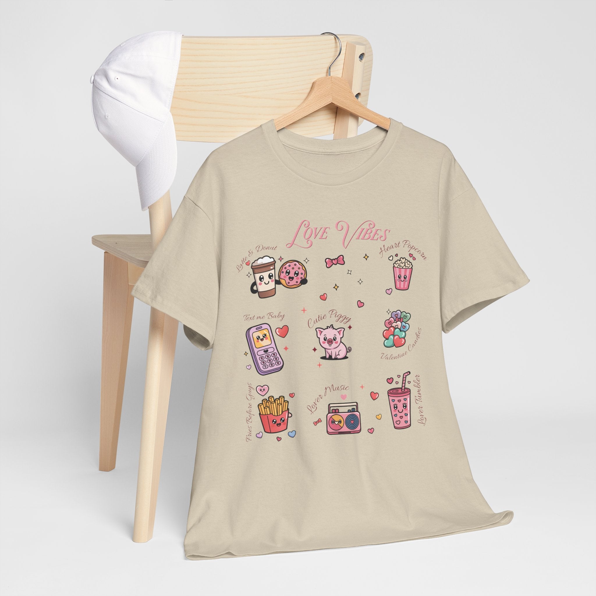 Love Vibes Kawaii Valentine T-Shirt — Cute Donut, Coffee & Piglet Design Unisex Cotton Tee