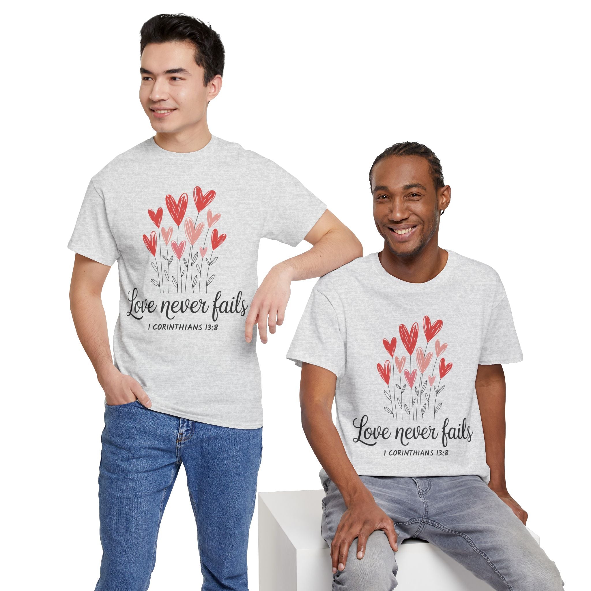 Christian Valentine T-Shirt — "Love Never Fails" (1 Corinthians 13:8) Unisex Cotton Tee