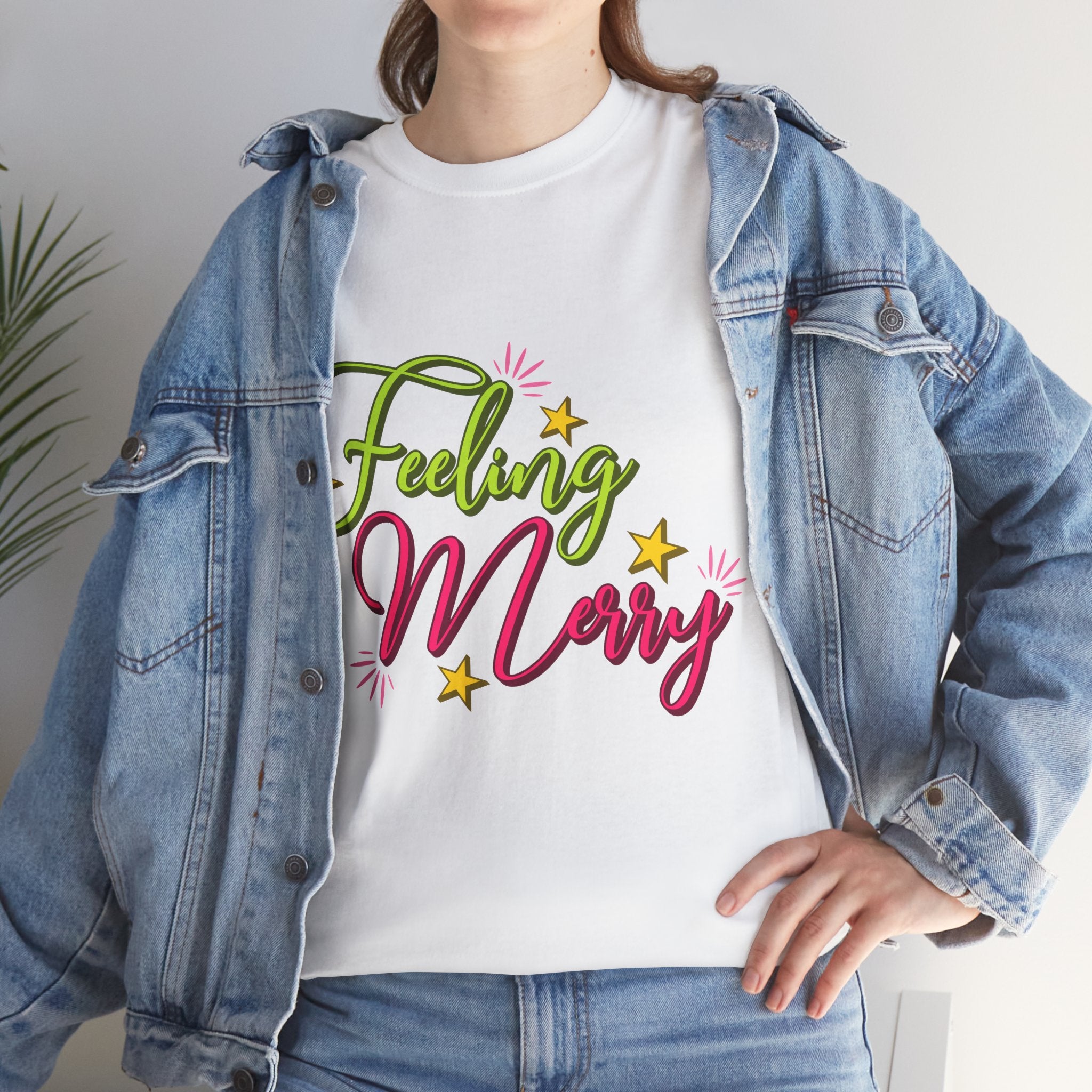 Feeling Merry T-Shirt — Bright Green & Pink Holiday Tee with Stars.Unisex Cotton Tee