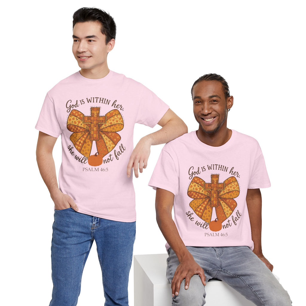 Psalm 46:5 Cross Patchwork Tee — Fall Bow Christian Unisex Cotton T-Shirt