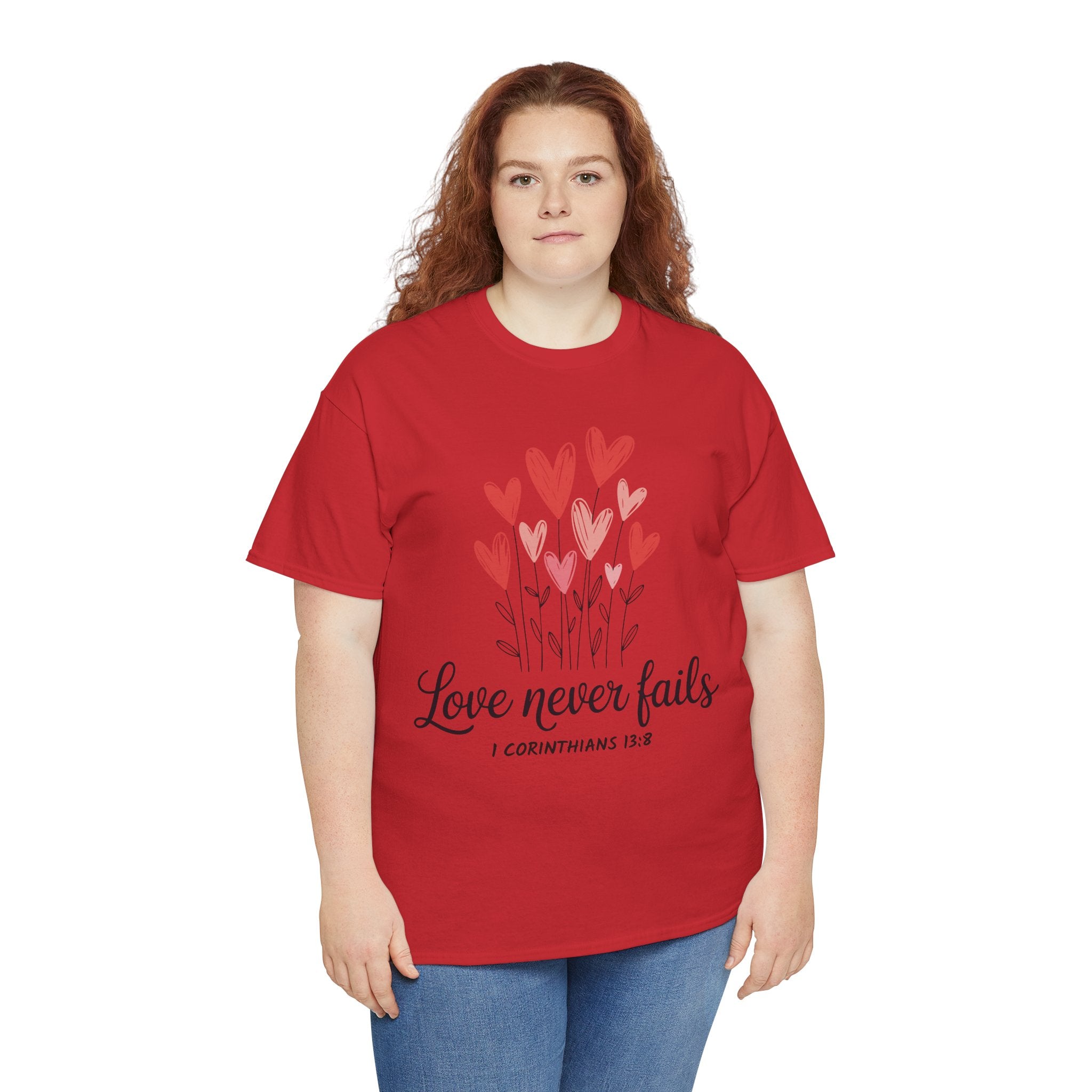 Christian Valentine T-Shirt — "Love Never Fails" (1 Corinthians 13:8) Unisex Cotton Tee