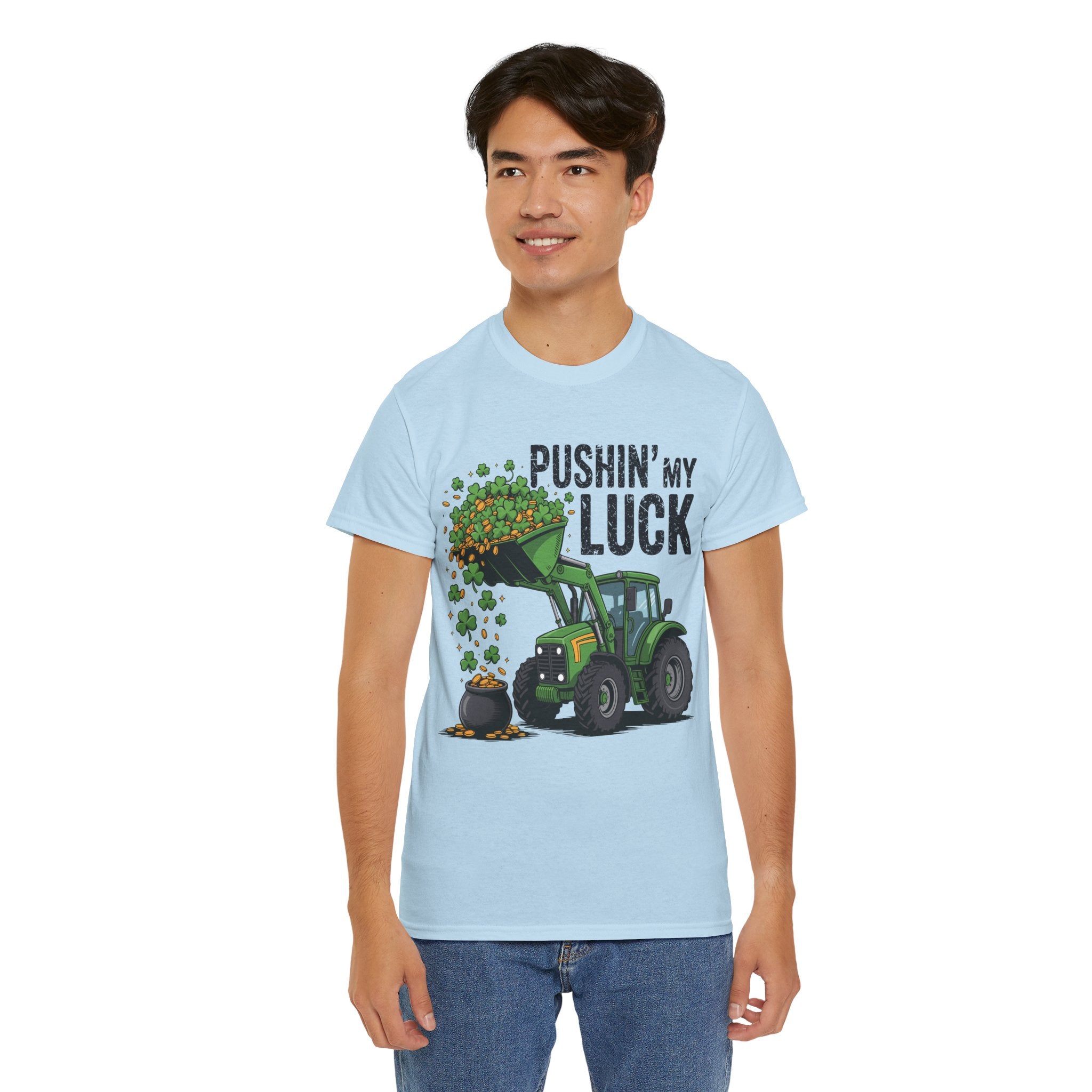 Pushin' My Luck Shamrock Tractor Tee — St. Patrick's Day Unisex Cotton T-Shirt