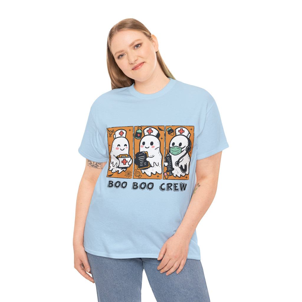Halloween Nurse T-Shirt — Ghost Nurses Holding Medical Tools on Orange Unisec Cotton Tee