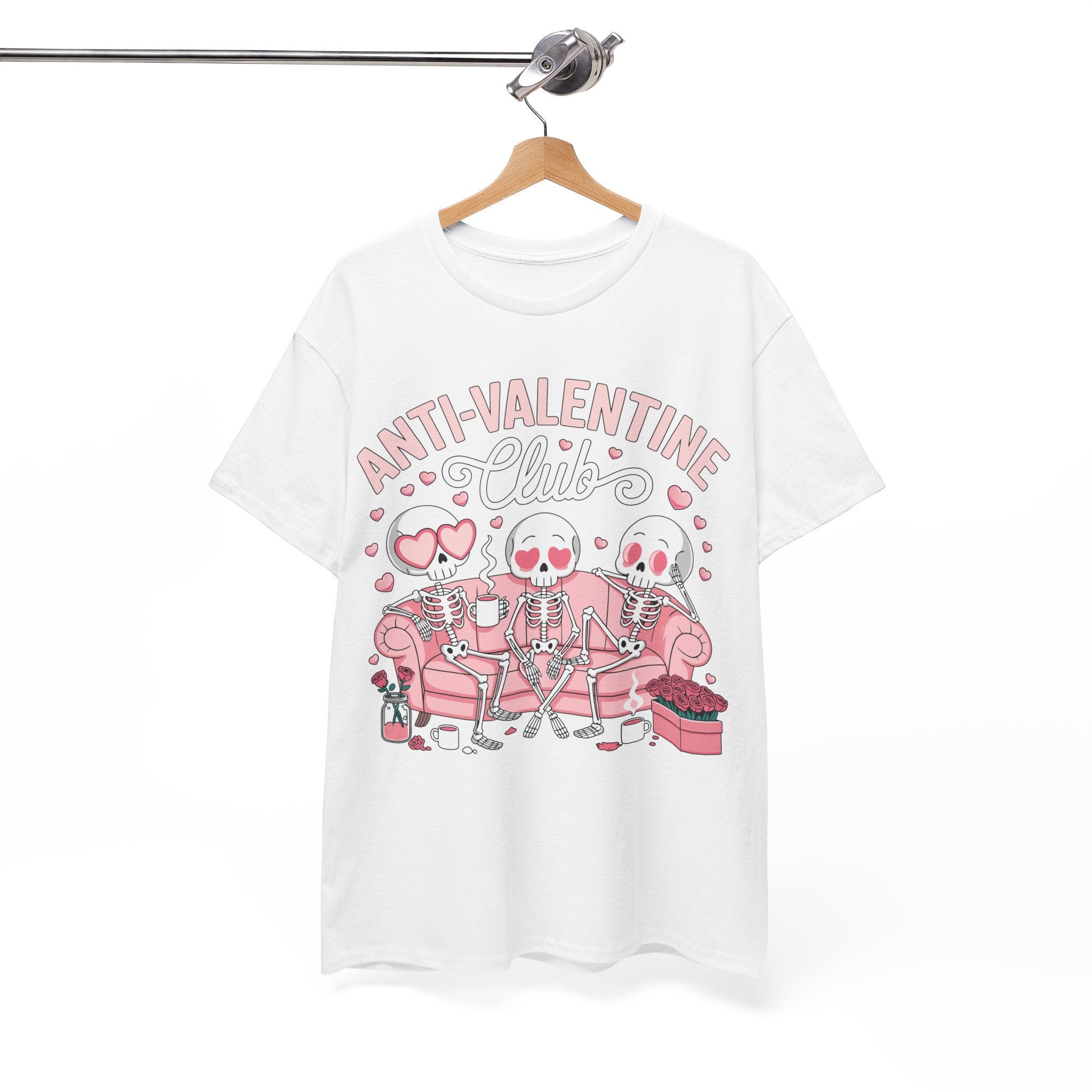 Anti-Valentine Club Skeleton Tee — Anti-Romance Pink Couch Graphic Unisex Cotton T-Shirt