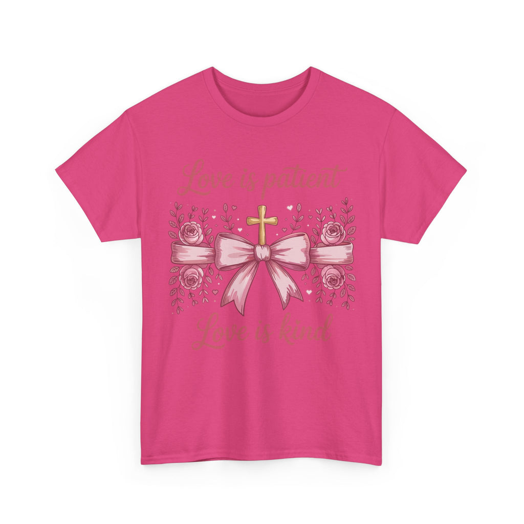 Christian Floral Tee — "Love is Patient, Love is Kind" Pink Rose Cross. Unisex Cotton Tee