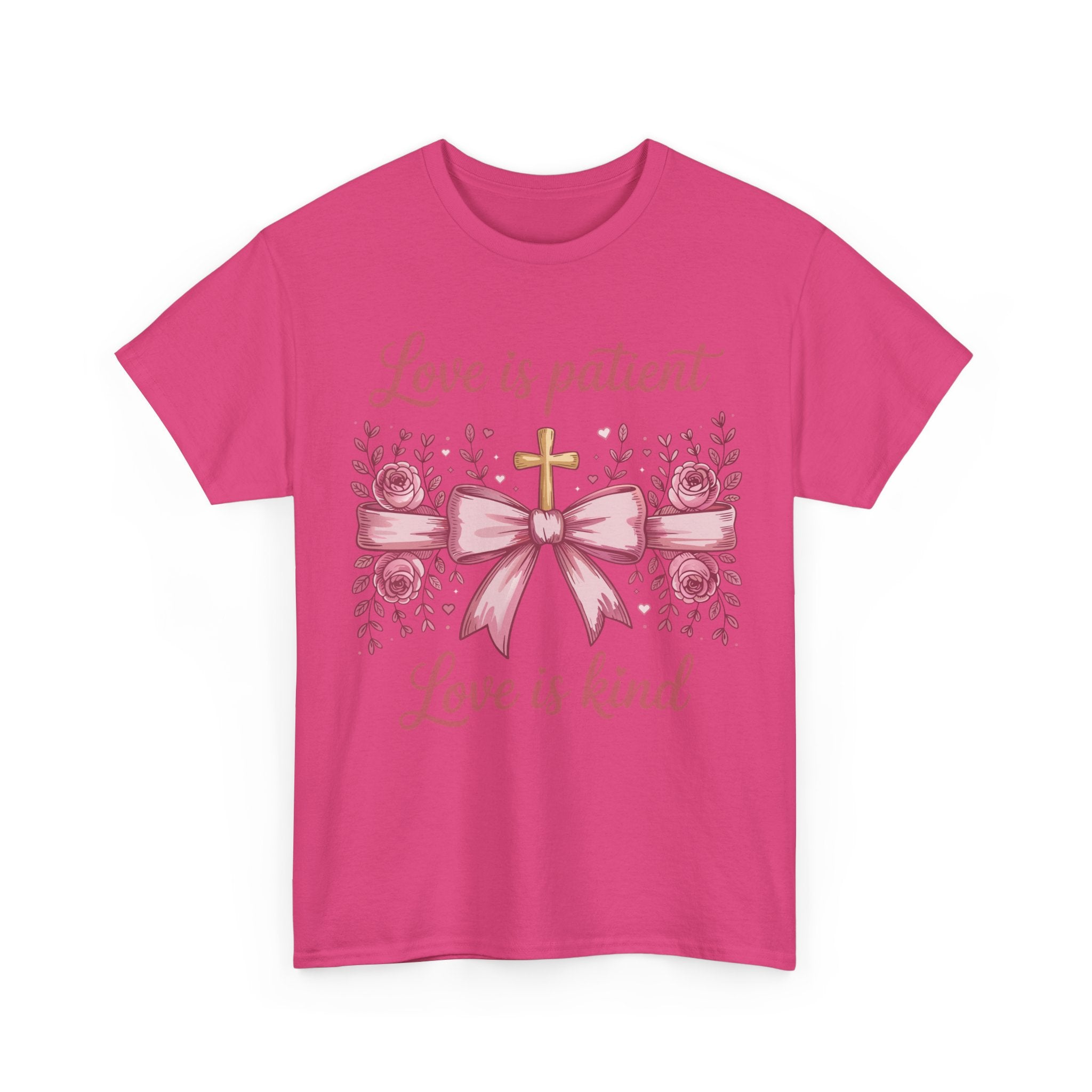 Christian Floral Tee — "Love is Patient, Love is Kind" Pink Rose Cross. Unisex Cotton Tee