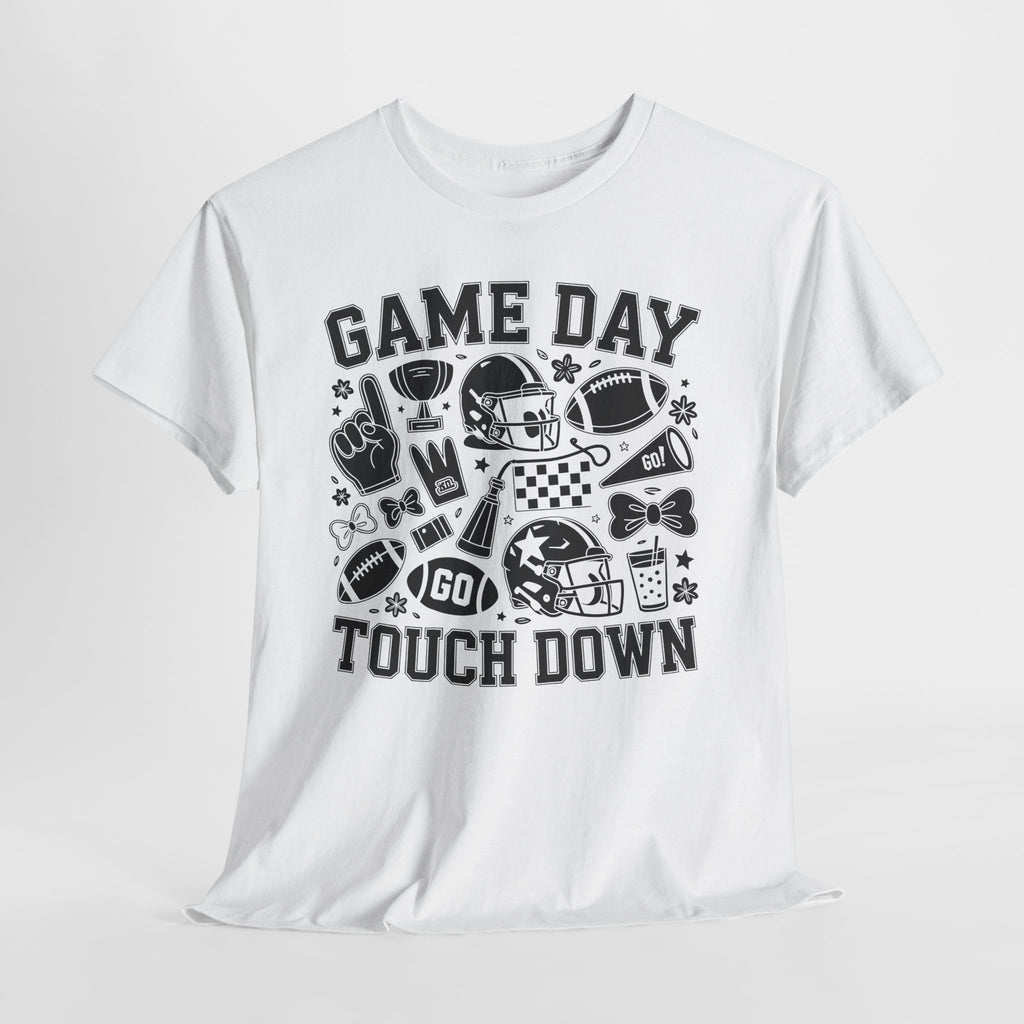 Game Day Touch Down Football T‑Shirt — Helmet & Cheer Monochrome Design Unisex Cotton Tee