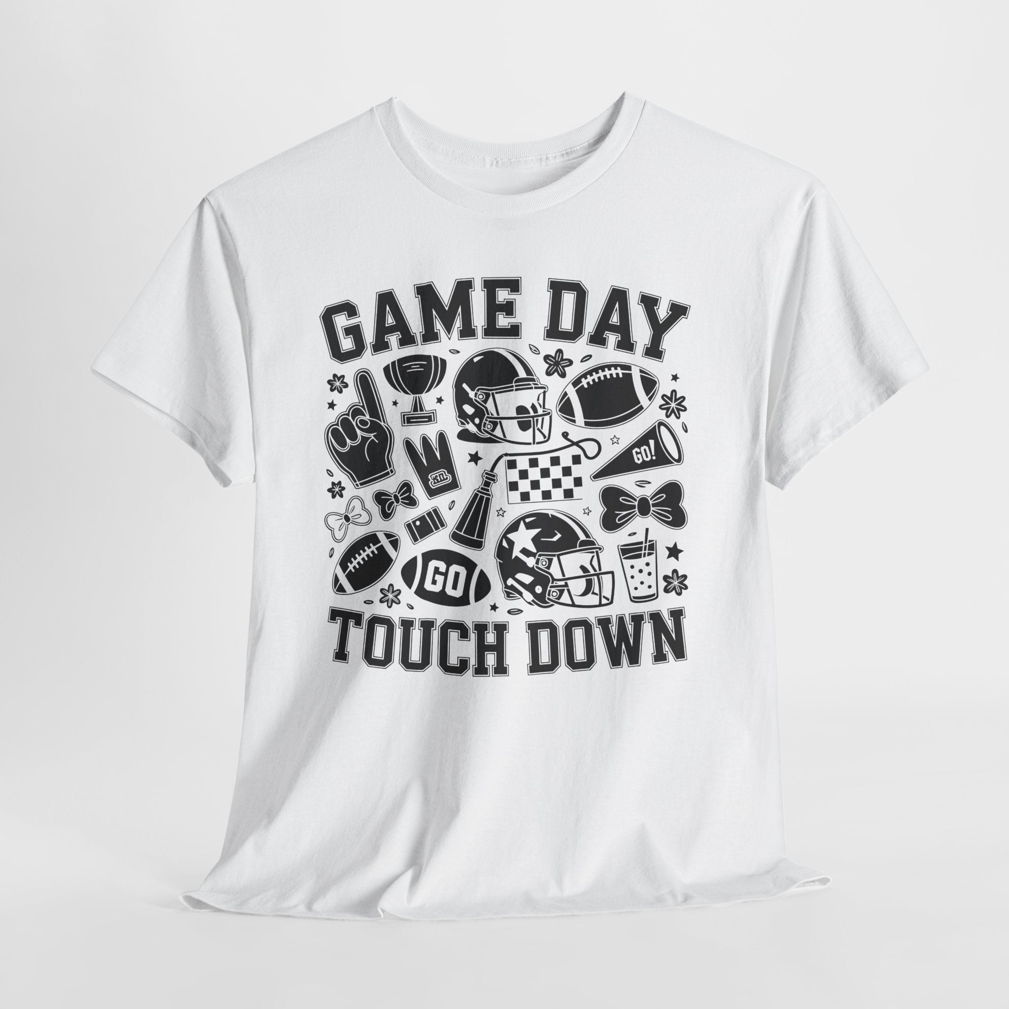 Game Day Touch Down Football T‑Shirt — Helmet & Cheer Monochrome Design Unisex Cotton Tee