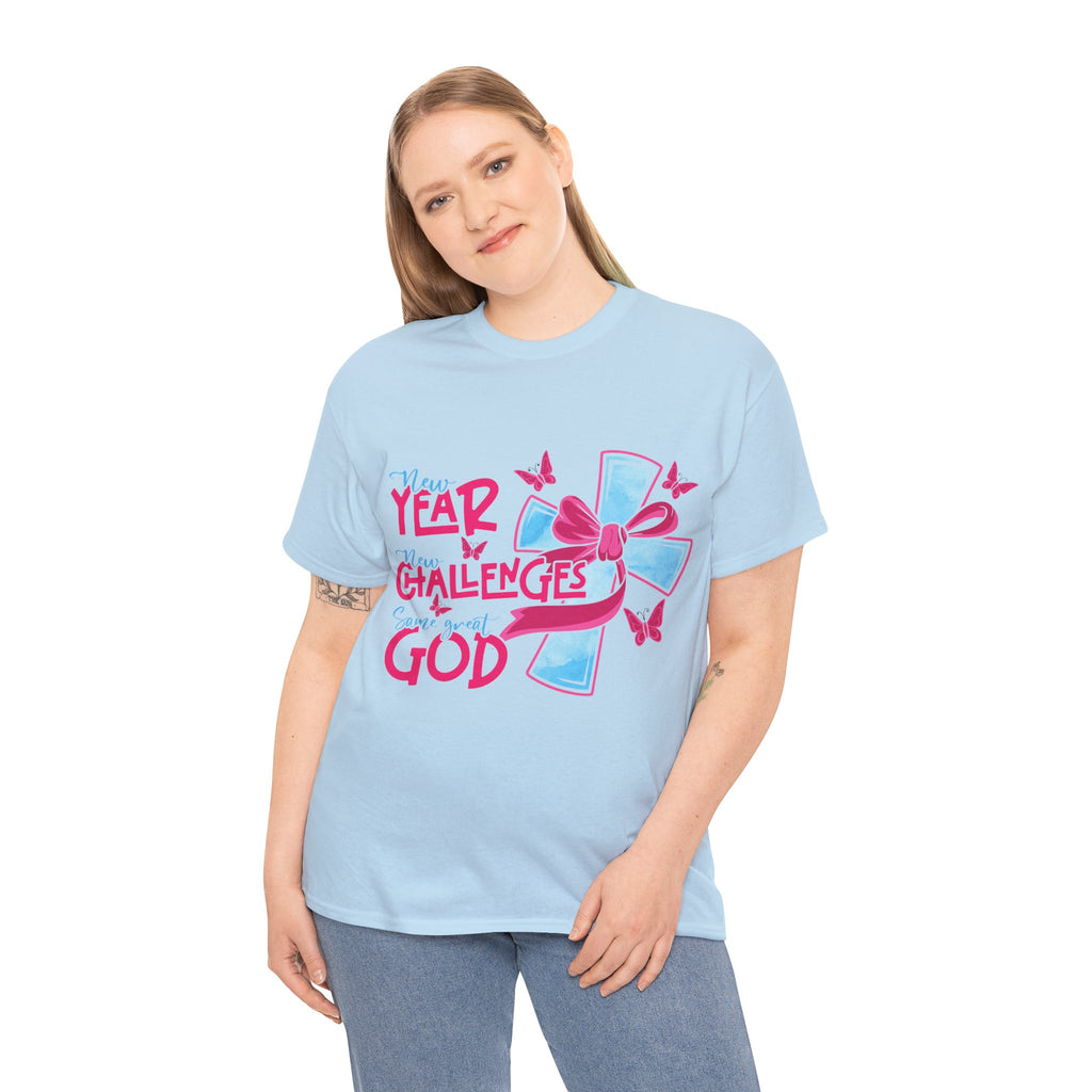 Christian T-Shirt — “New Year, New Challenges, Same Great God” with Pink Bow Cross & Butterflies. Unisex Cotton Tee
