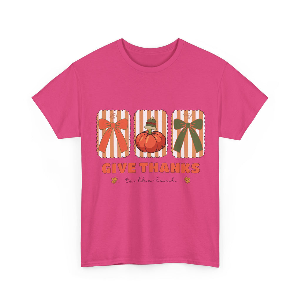 Give Thanks Thanksgiving T-Shirt — Pumpkin with Hat & Bows Unisex Cotton Tee