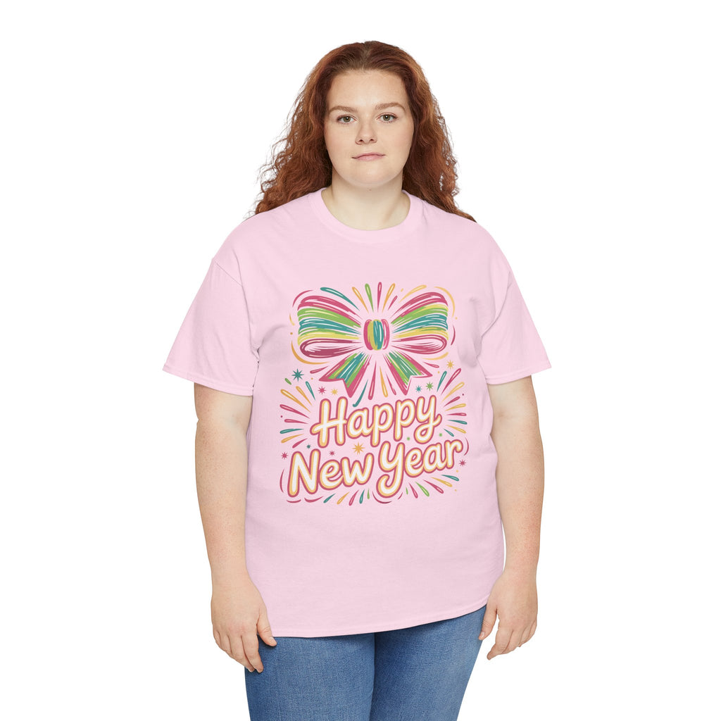 Happy New Year Pastel Tee — Rainbow Bow & Fireworks Celebration Unisex Cotton Tshirt