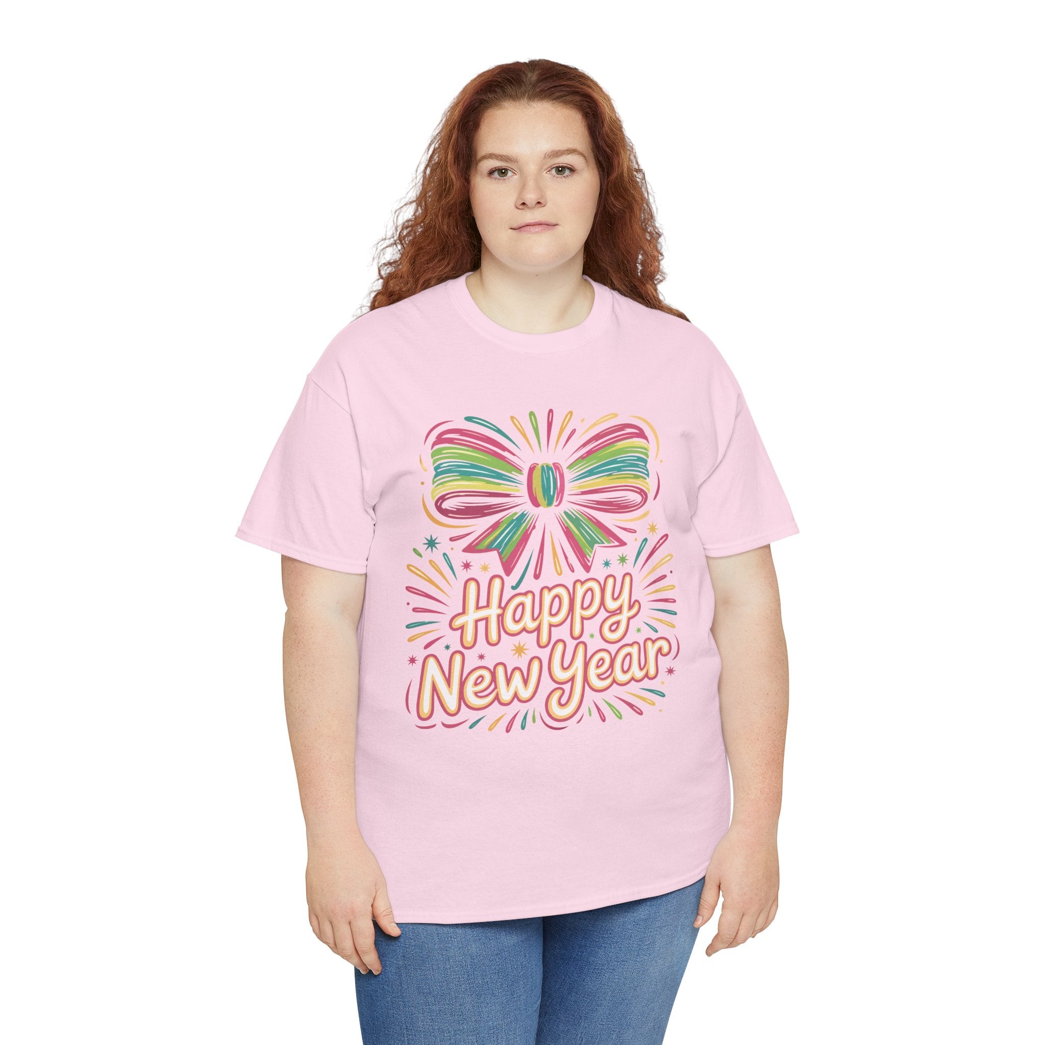 Happy New Year Pastel Tee — Rainbow Bow & Fireworks Celebration Unisex Cotton Tshirt