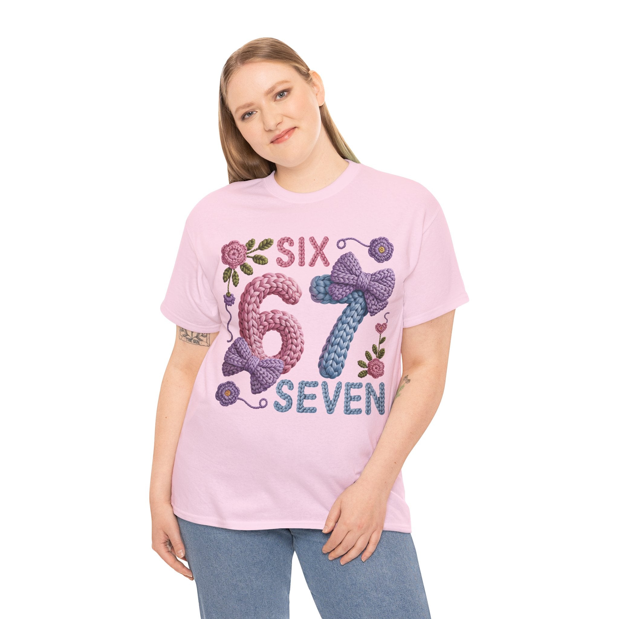 Pastel Crochet Numbers 6 & 7 Tee — Faux-Yarn Bows & Flowers. Unisex Cotton Tee
