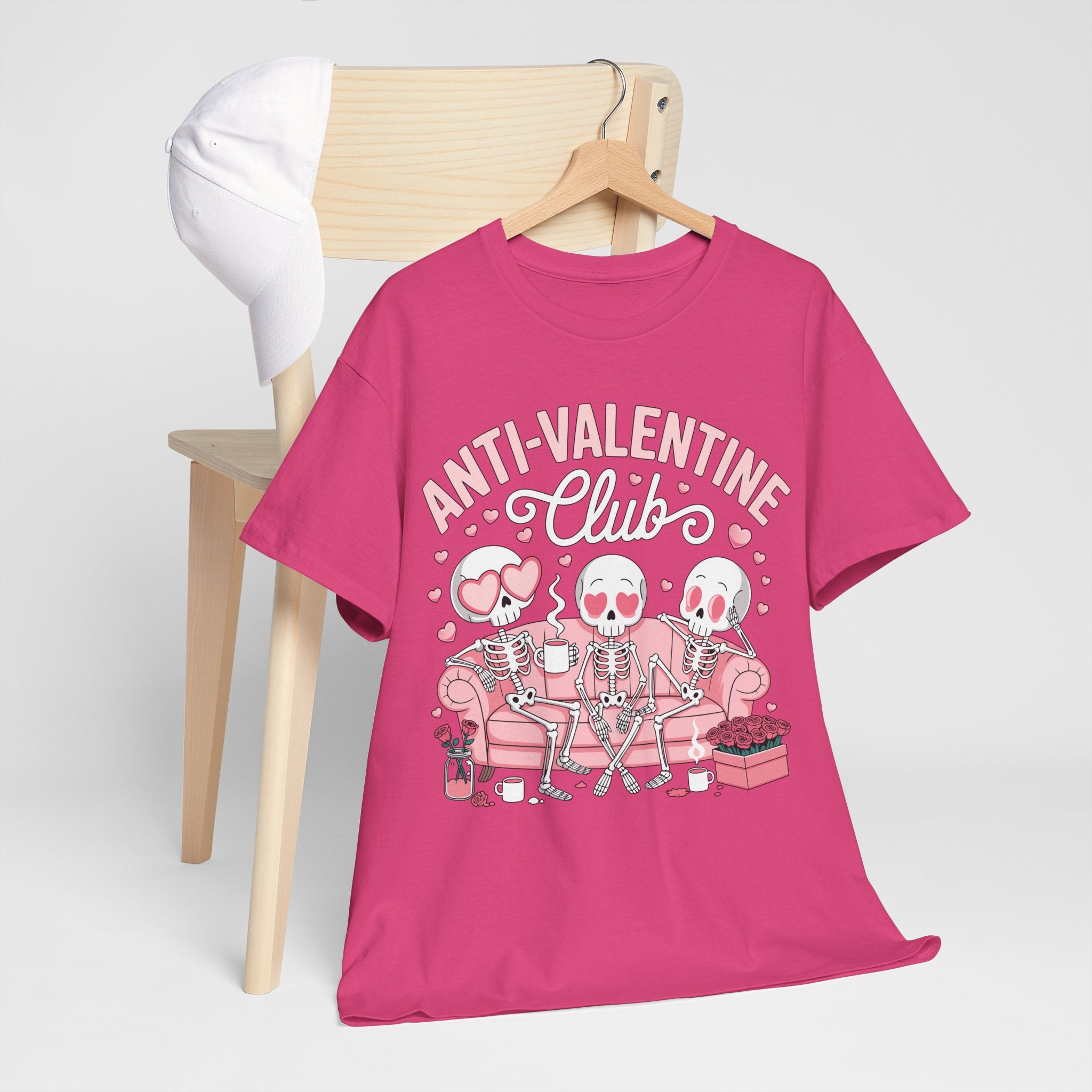 Anti-Valentine Club Skeleton Tee — Anti-Romance Pink Couch Graphic Unisex Cotton T-Shirt