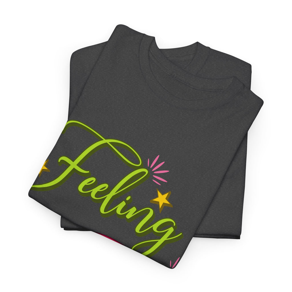 Feeling Jolly Tee — Festive Green & Pink Script with Yellow Stars Unisex Cotton Tee