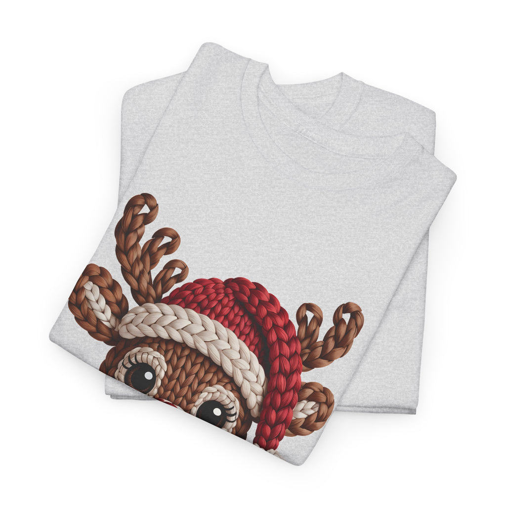 Reindeer in Santa Hat Cotton Tee — Joyful Faux-Yarn Holiday Unisex Coton T-Shirt