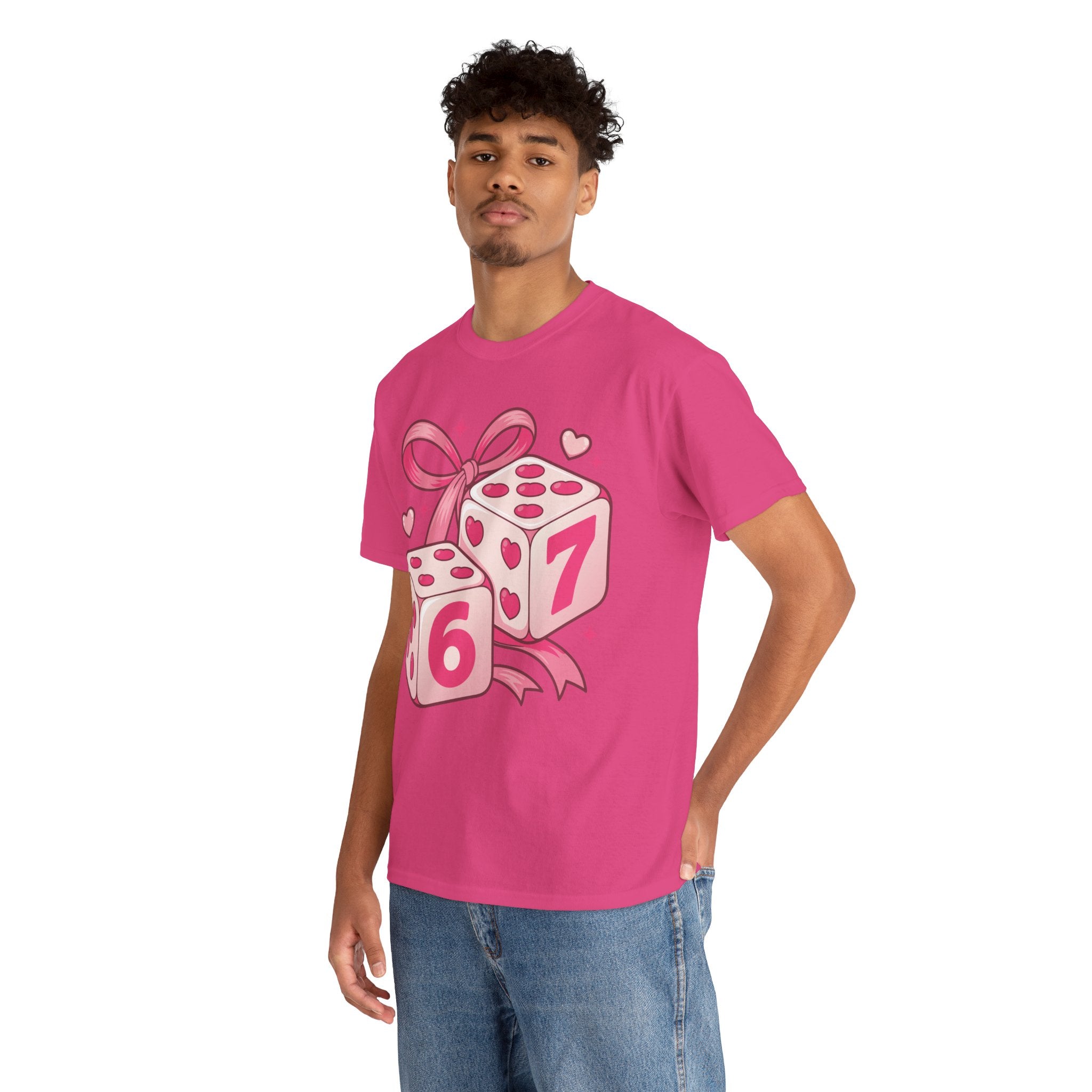 Lucky Love Dice T-Shirt — Pink Heart Dice with Bow..Unisex Cotton Tee