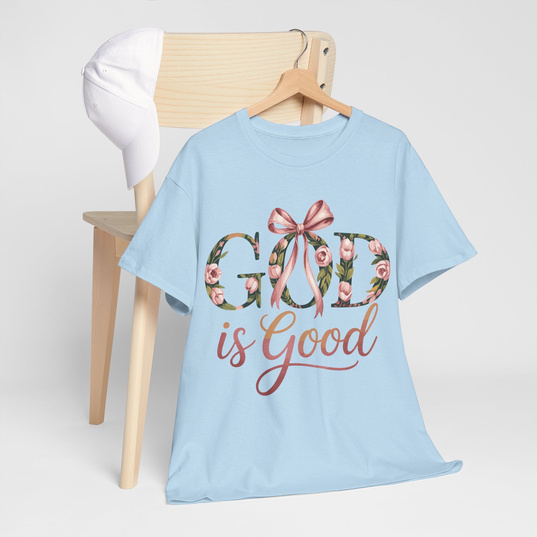 God Is Good Pink Rose Tee — Floral Ribbon Faith Unisex Cotton T-Shirt