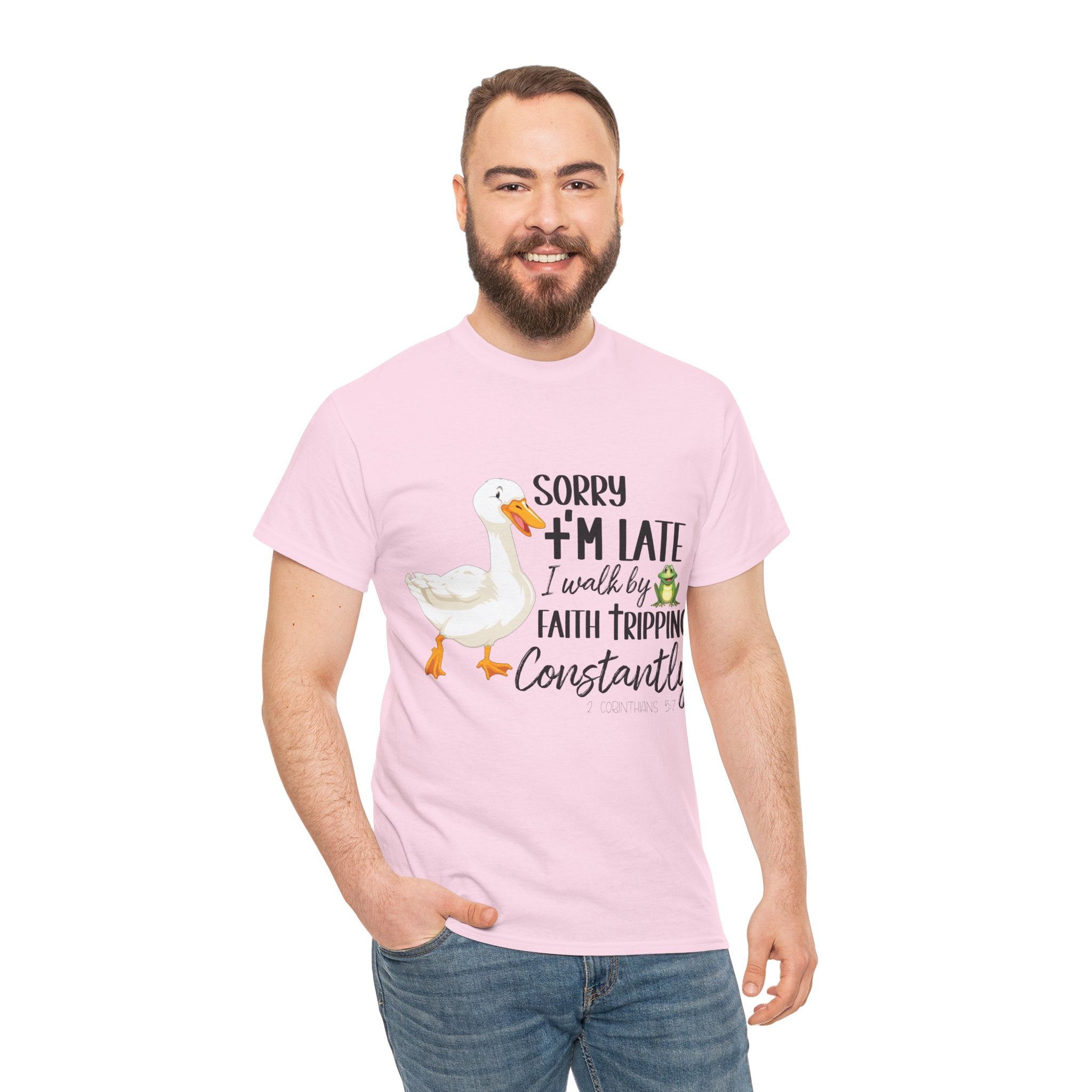 Christian Humor T-Shirt — “Sorry I’m Late, I Walk by Faith Tripping Constantly” (Duck & Frog). Unisex Cotton Tee