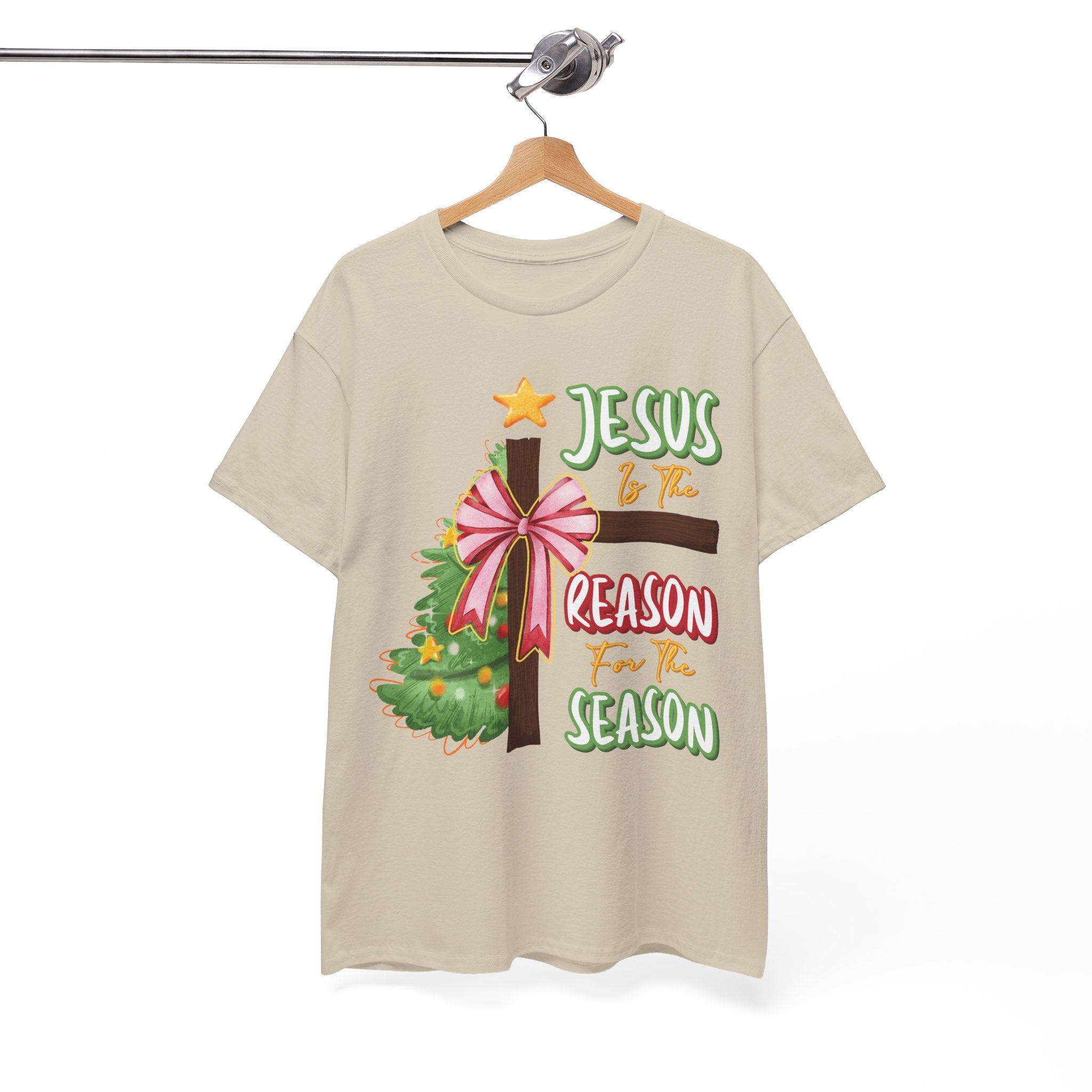 Jesus Is the Reason for the Season Christmas Tee — Cross with Pink Bow & Tree. Unisex Cotton Tee