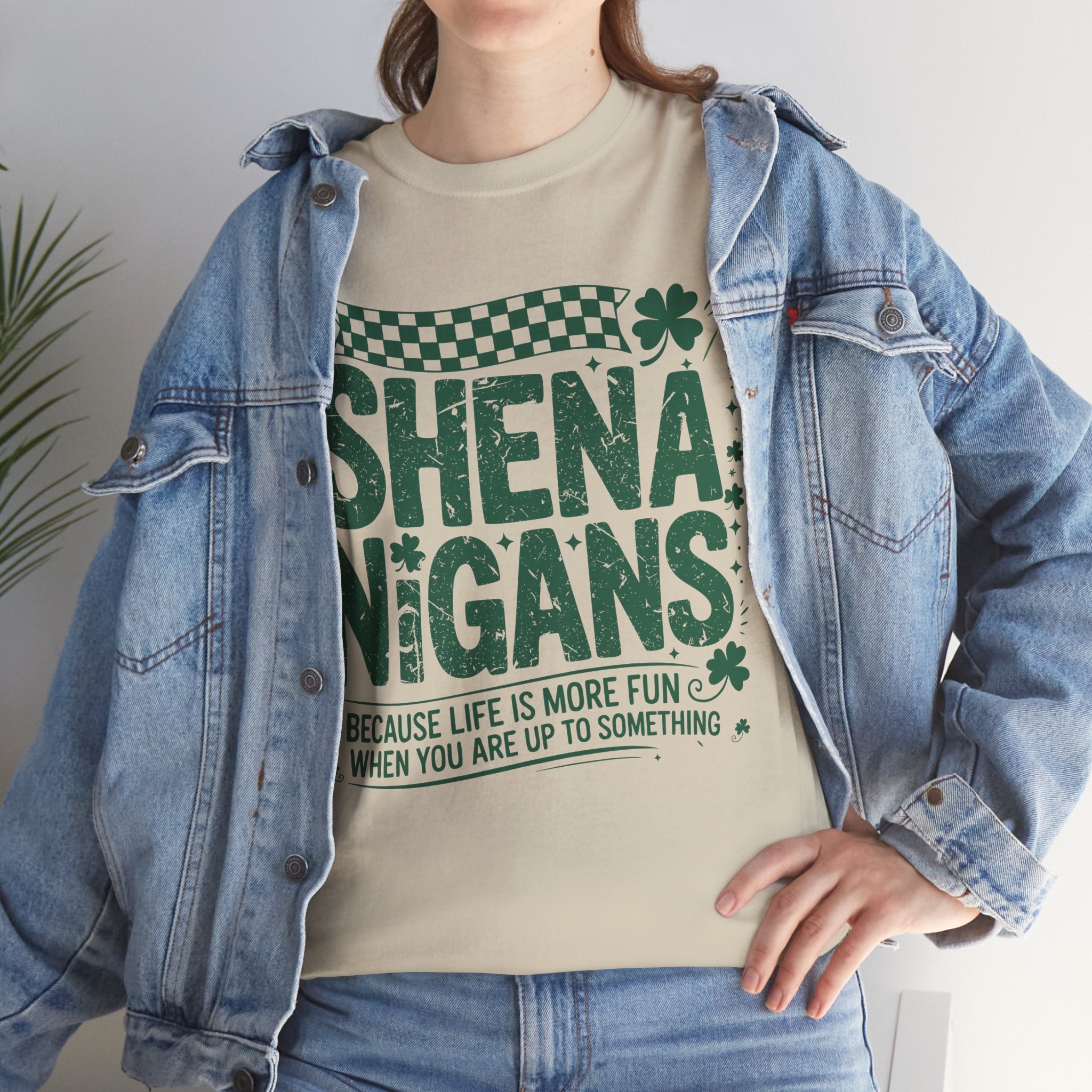 Shenanigans Clover Tee — Bright Green St. Patrick’s Day Shirt with Checkered Flag Unisex Cotton Tee