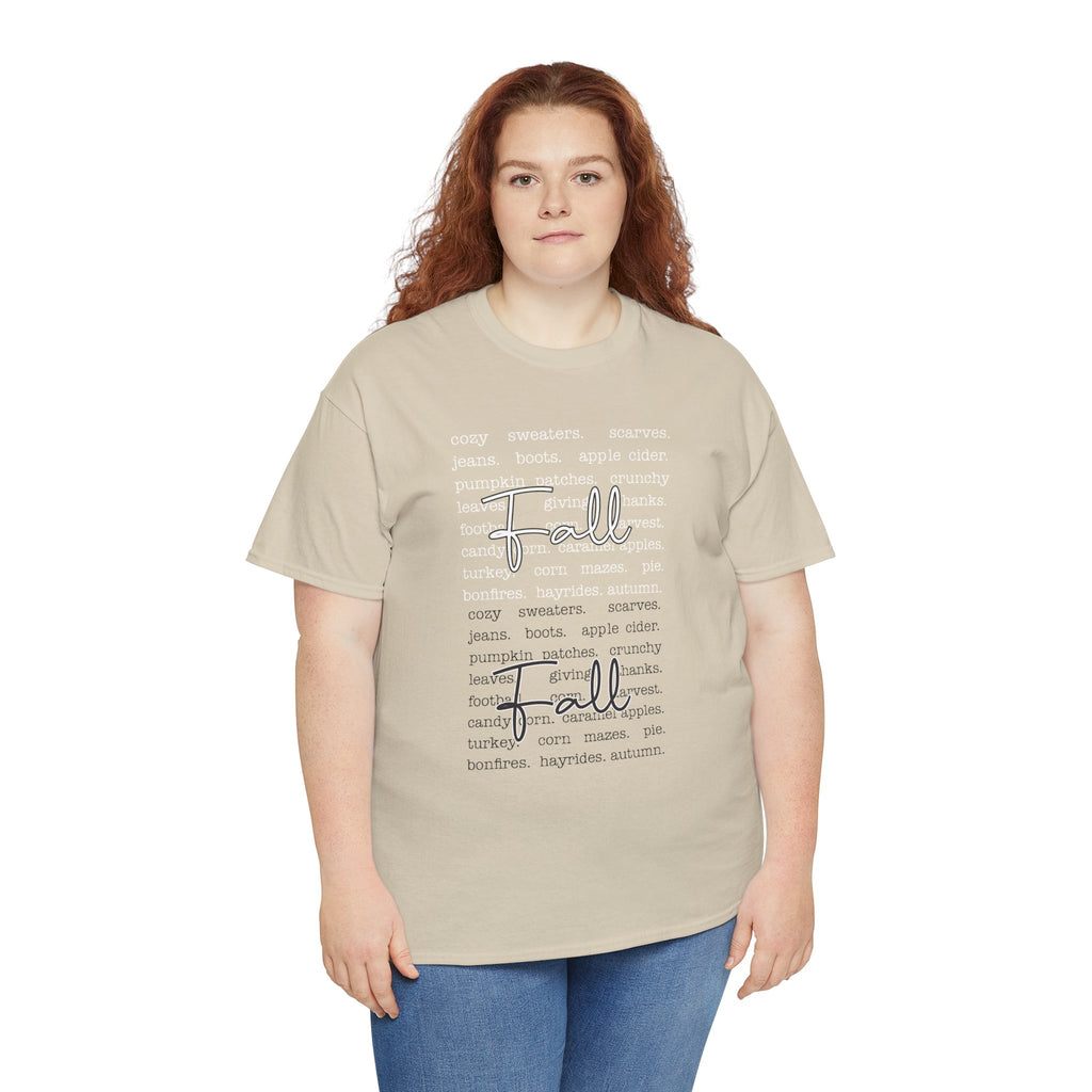 Fall Cursive Typography T-Shirt — Sweaters, Cider & Pumpkins. Unisex Cotton Tee