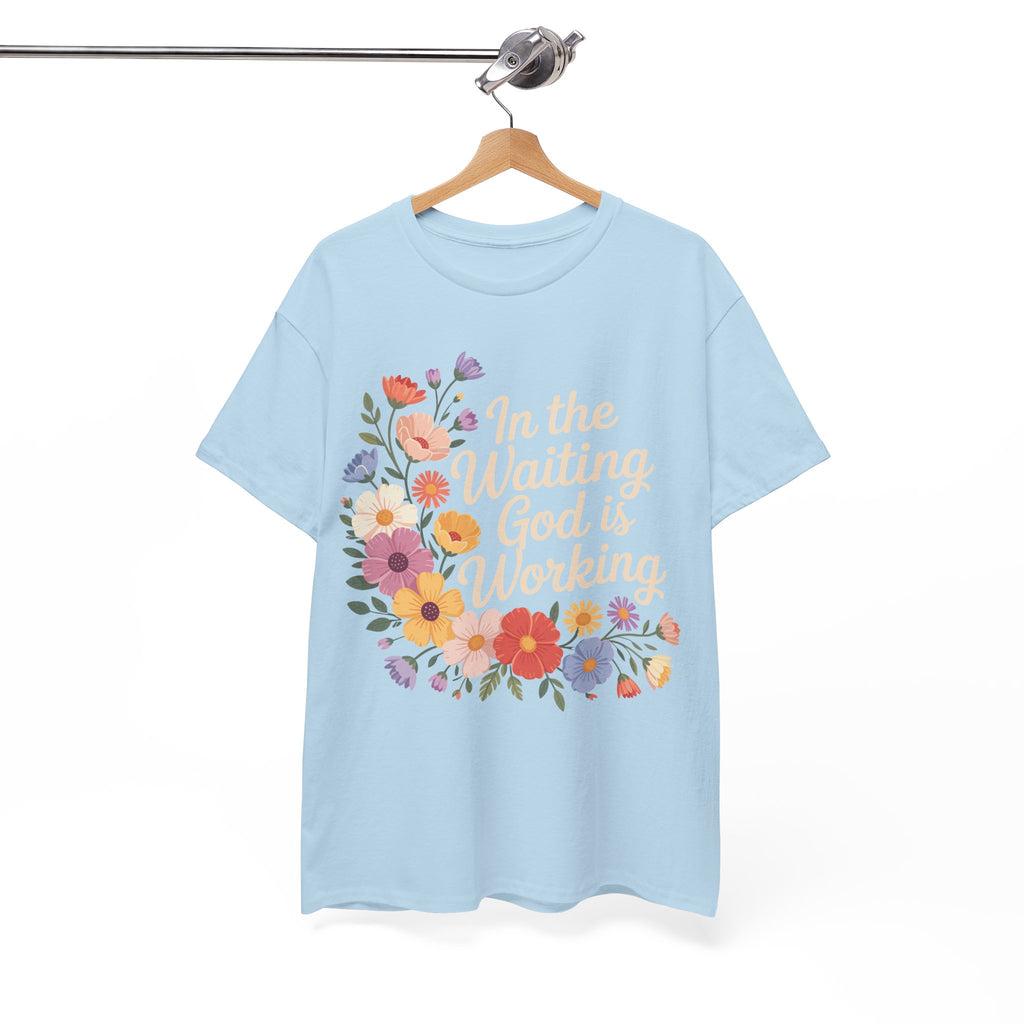Pastel Floral “In the Waiting God Is Working” Unisex Cotton T-Shirt