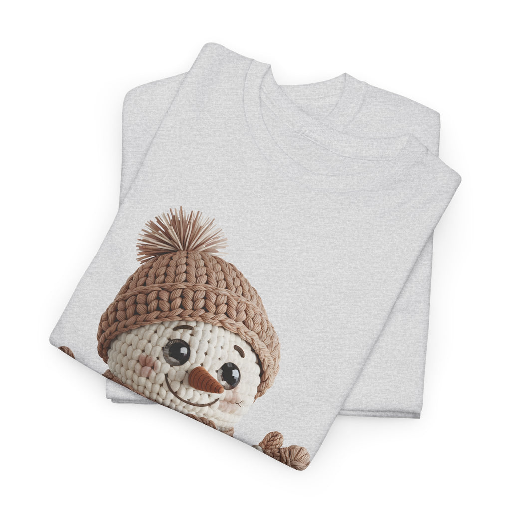 Snowman Knit‑Style Graphic Tee — Cute Faux‑Yarn Snowman with Hat, Scarf & Mittens.Unisex Cotton Tee