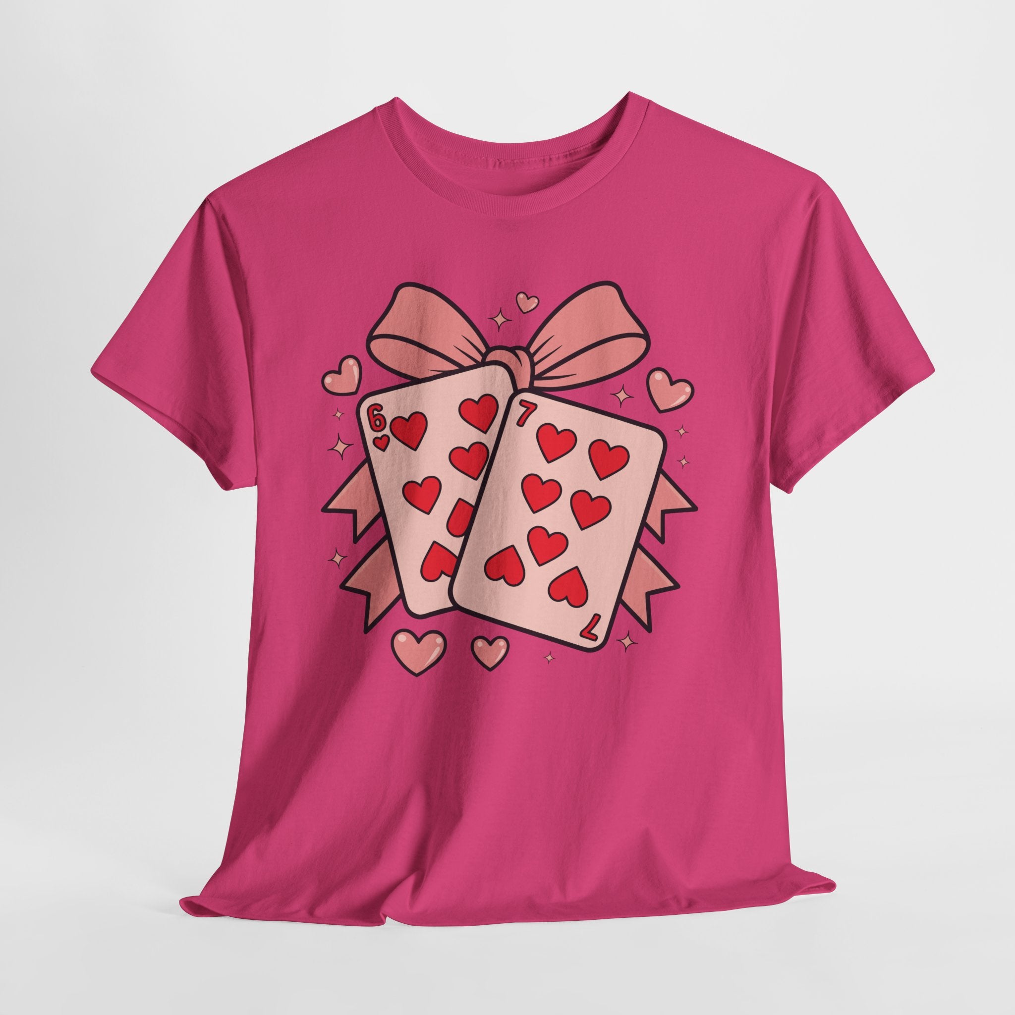 6 & 7 of Hearts T-Shirt — Paired Playing Cards with Pink Bow Unisex Cotton Tee