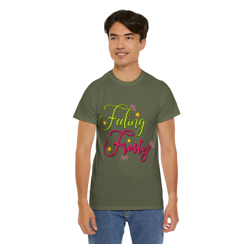 Feeling Frosty Holiday T-Shirt — Green & Pink Script Stars.Unisex Cotton Tee