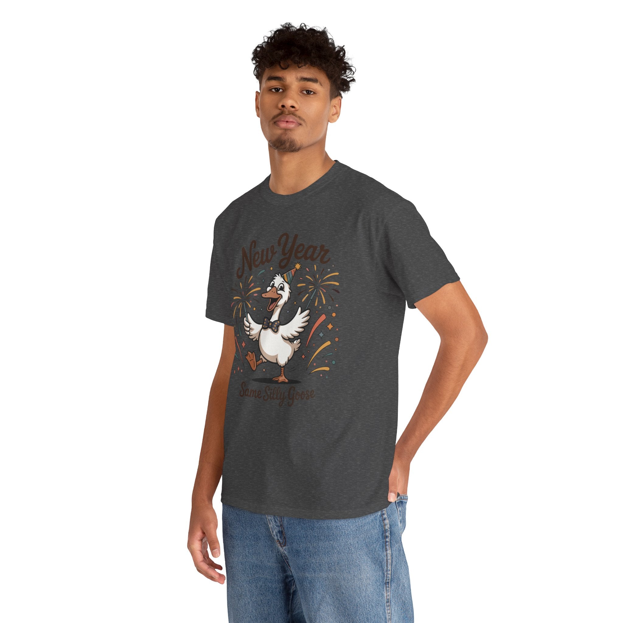 Happy Goose New Year T-Shirt — Party Hat, Fireworks & Confetti Unisex Cotton Tee