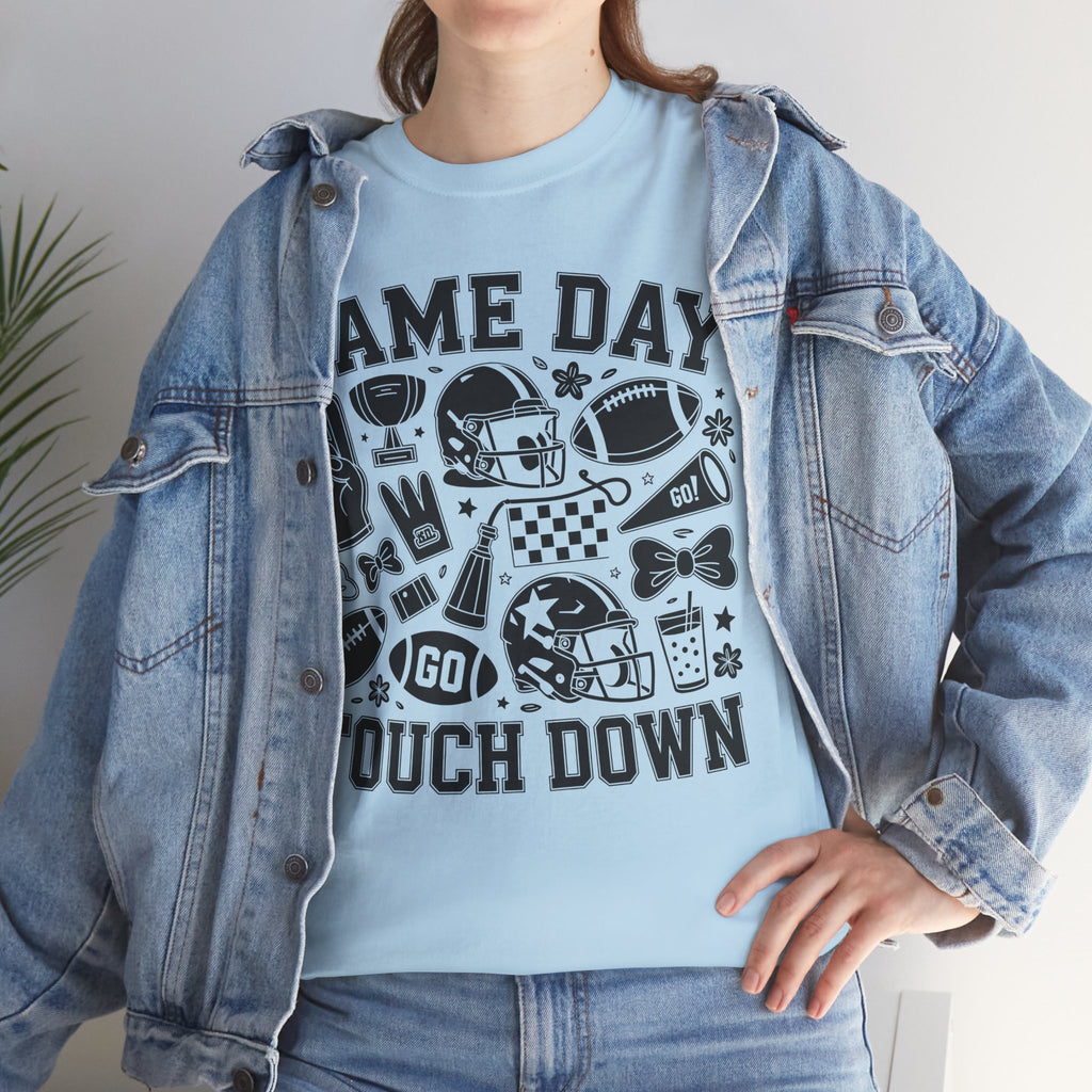Game Day Touch Down Football T‑Shirt — Helmet & Cheer Monochrome Design Unisex Cotton Tee