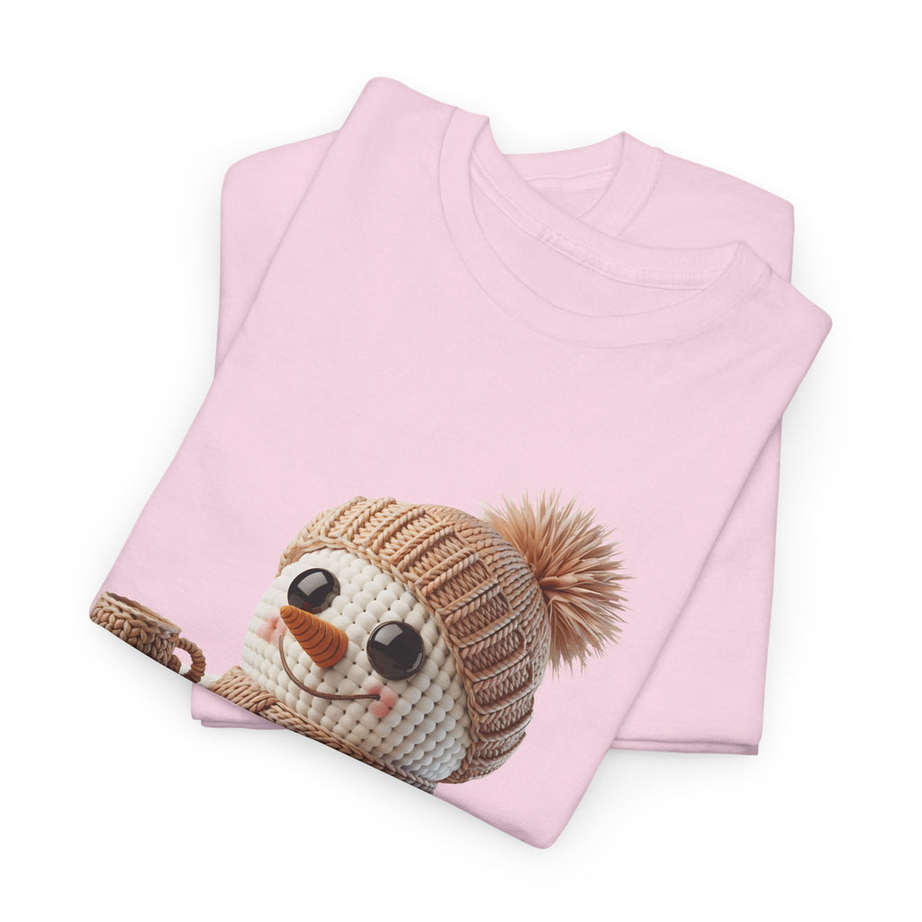 Cozy Snowman Tee — Smiling Snowman with Mug, Scarf & Beanie. Unisex Cotton Tee