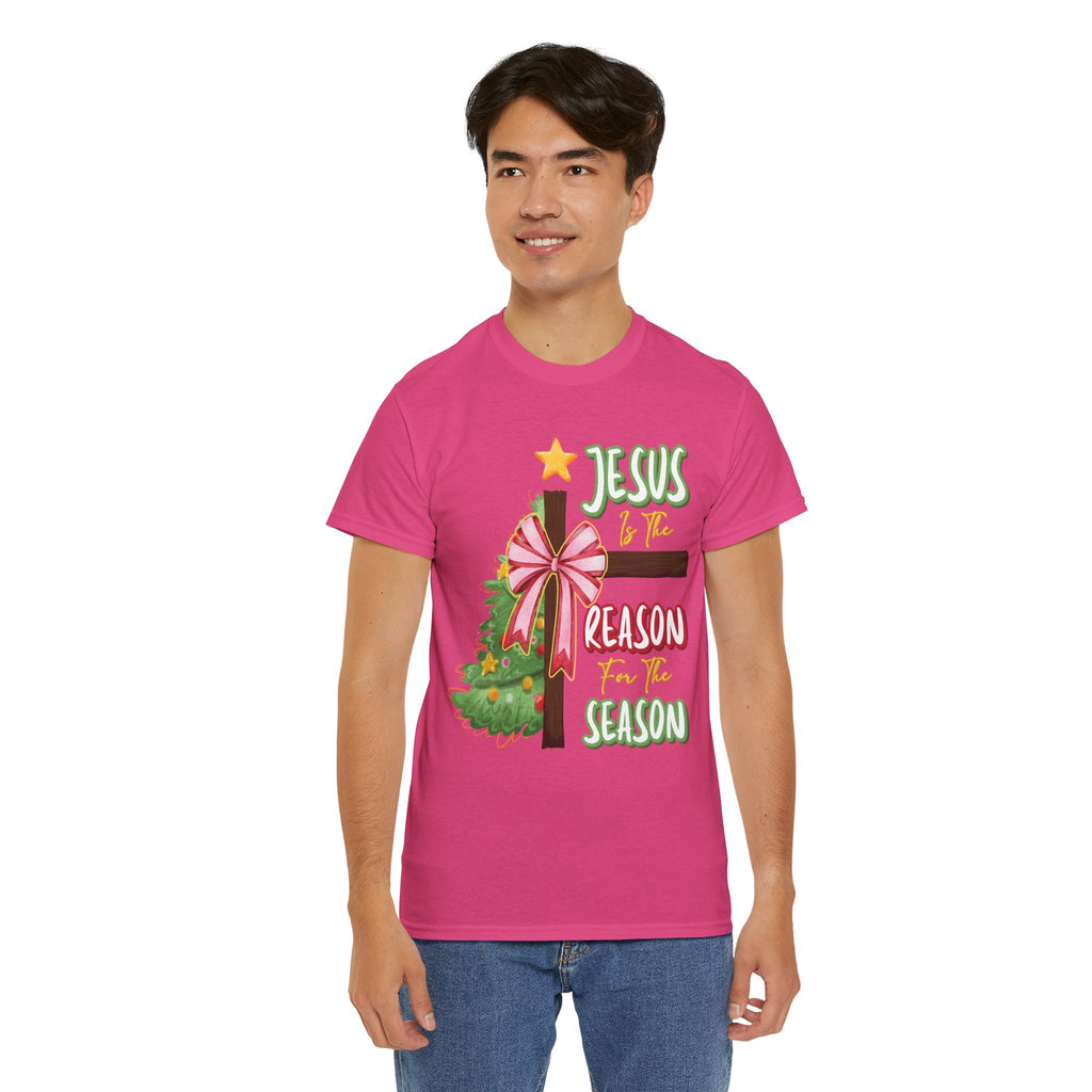Jesus Is the Reason for the Season Christmas Tee — Cross with Pink Bow & Tree. Unisex Cotton Tee