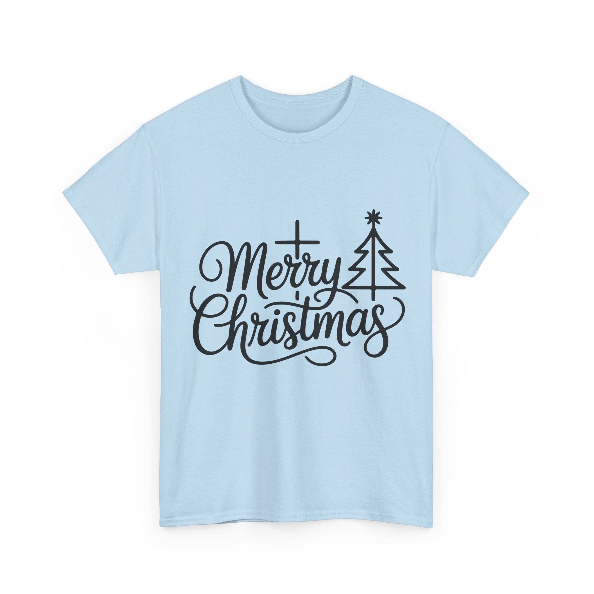 Merry Christmas Script T-Shirt with Cross & Tree(Unisex Cotton Tee)