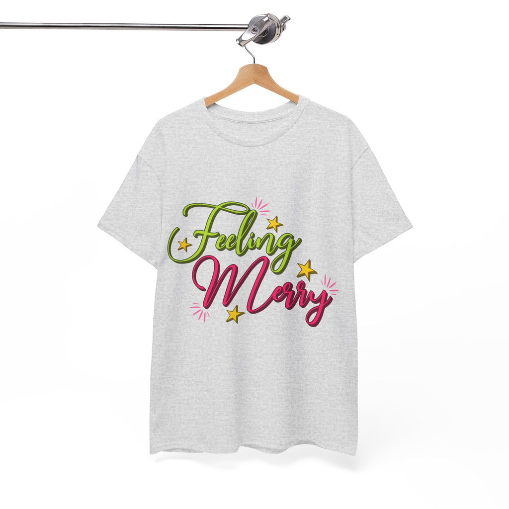 Feeling Merry T-Shirt — Bright Green & Pink Holiday Tee with Stars.Unisex Cotton Tee