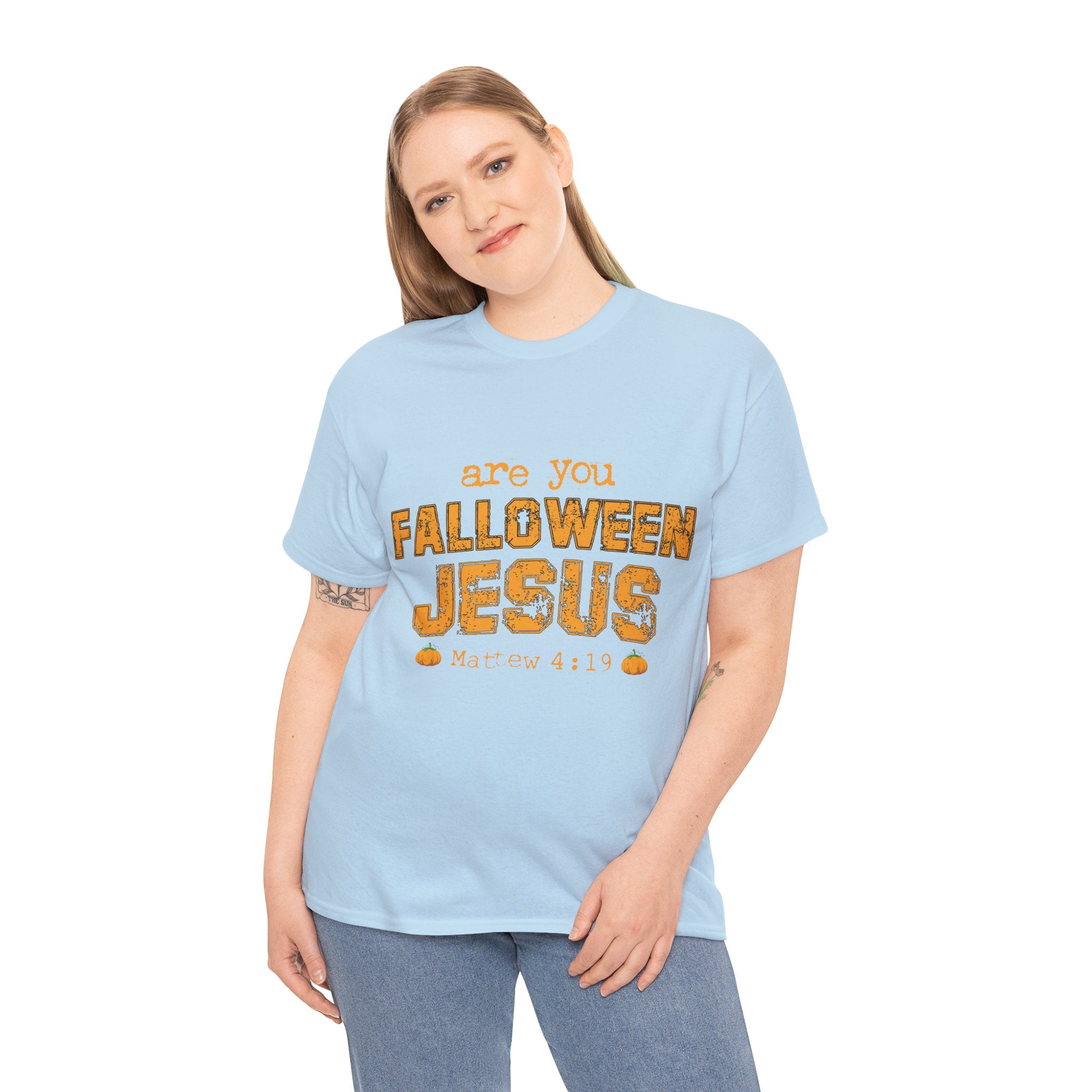 Christian Halloween T-Shirt — “Are You Falloween Jesus? Matthew 4:19” Distressed Pumpkin Design. Unisex Cotton Tee