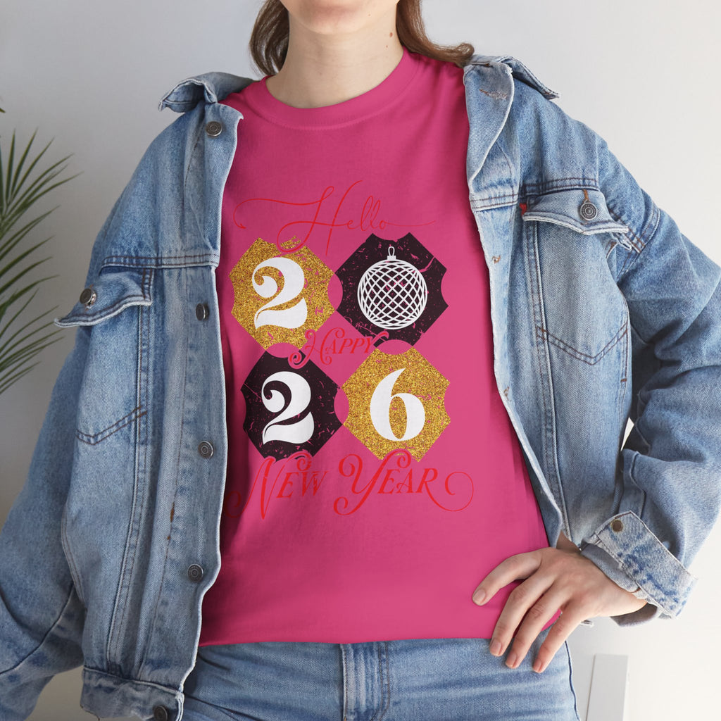 2026 Happy New Year Pink Varsity Tee — Fireworks Party Graphic.Unisex Cotton Tee