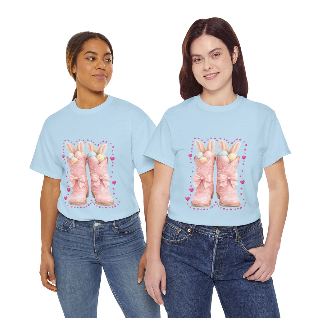 Easter Pink Western Boots Tee — Pastel Bunny Eggs & Bows Unisex Cotton Tee