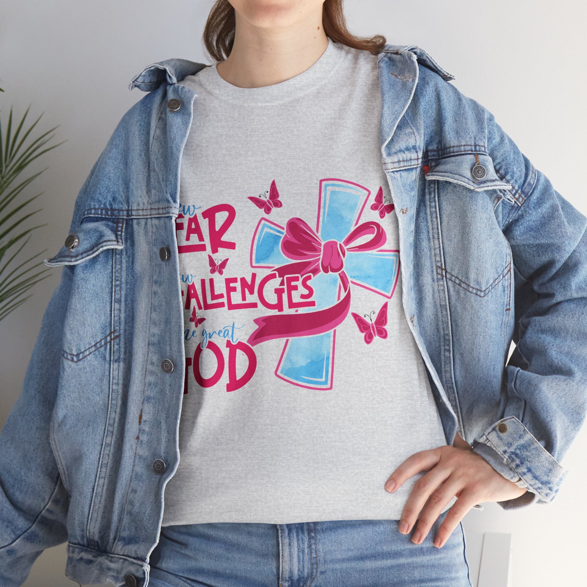 Christian T-Shirt — “New Year, New Challenges, Same Great God” with Pink Bow Cross & Butterflies. Unisex Cotton Tee
