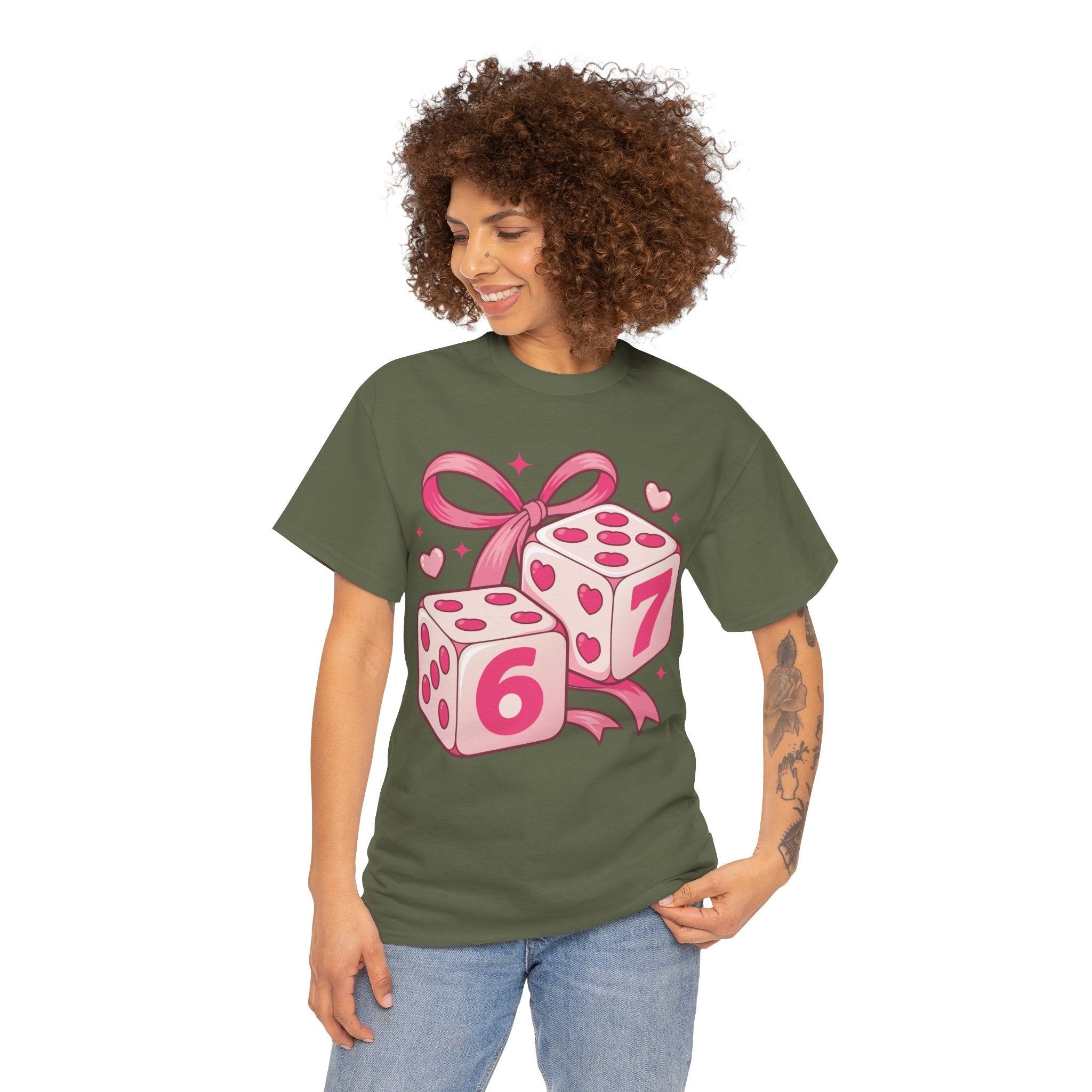 Lucky Love Dice T-Shirt — Pink Heart Dice with Bow..Unisex Cotton Tee