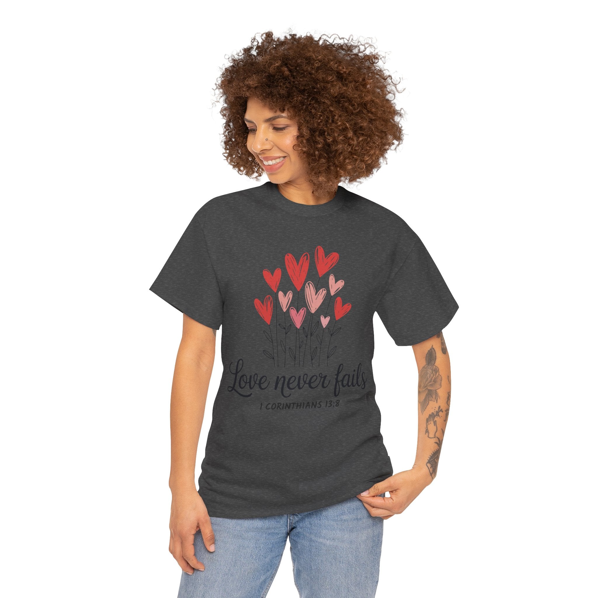 Christian Valentine T-Shirt — "Love Never Fails" (1 Corinthians 13:8) Unisex Cotton Tee